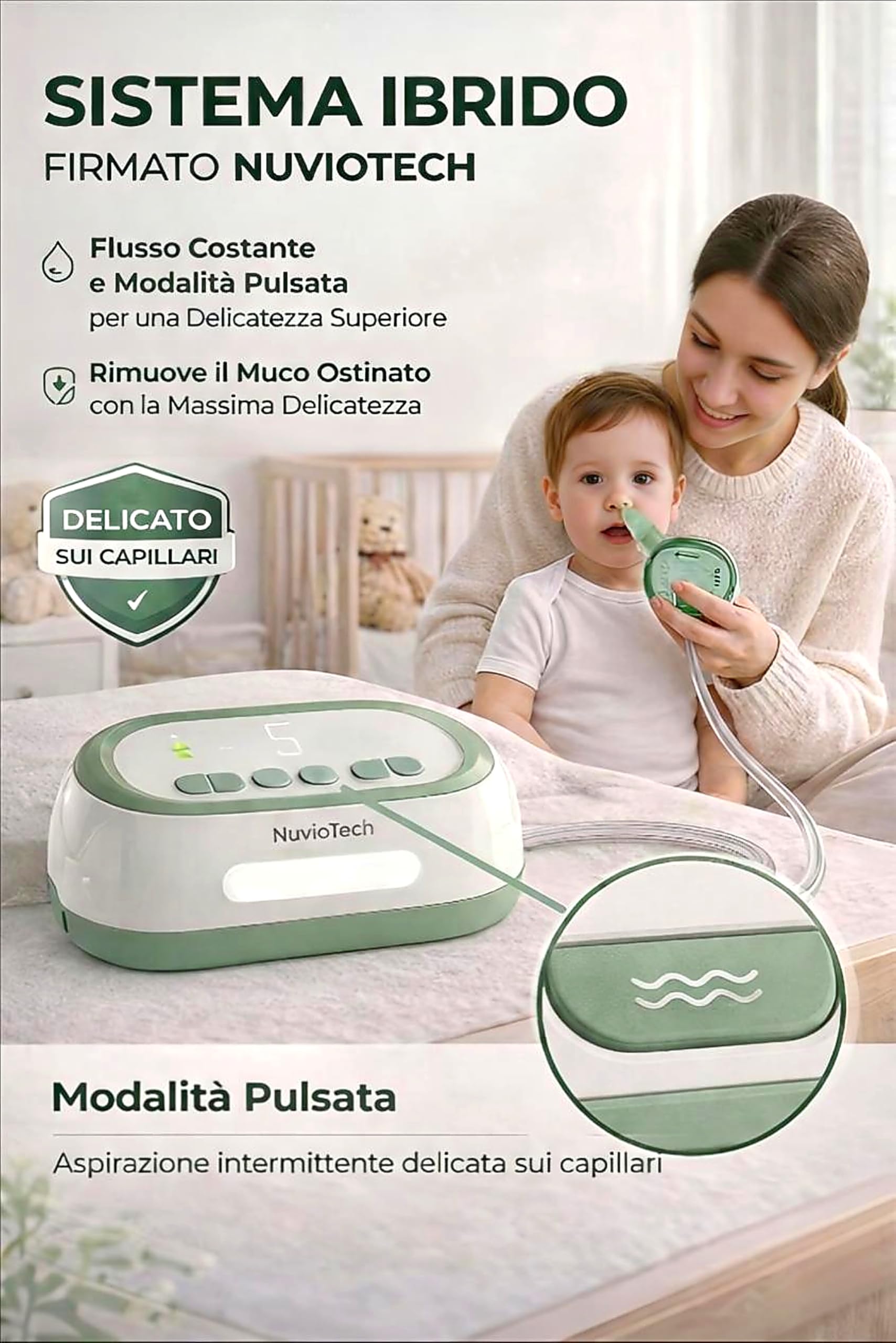 Aspiratore Nasale Elettrico NuvioTech, per Neonati e Bambini, ricaricabile, Funzione aspirazione pulsata, Display Digitale, Funzione Musicale e Luminosa, Include 50 Filtri e Accessori