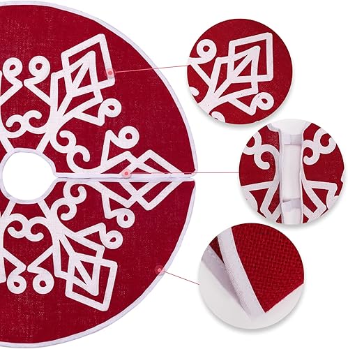 Miniatura 2 de HOHOTIME Falda de árbol de Navidad de arpillera con estampado de copos de nieve blancos, tapete de falda de árbol rojo de 30 pulgadas para