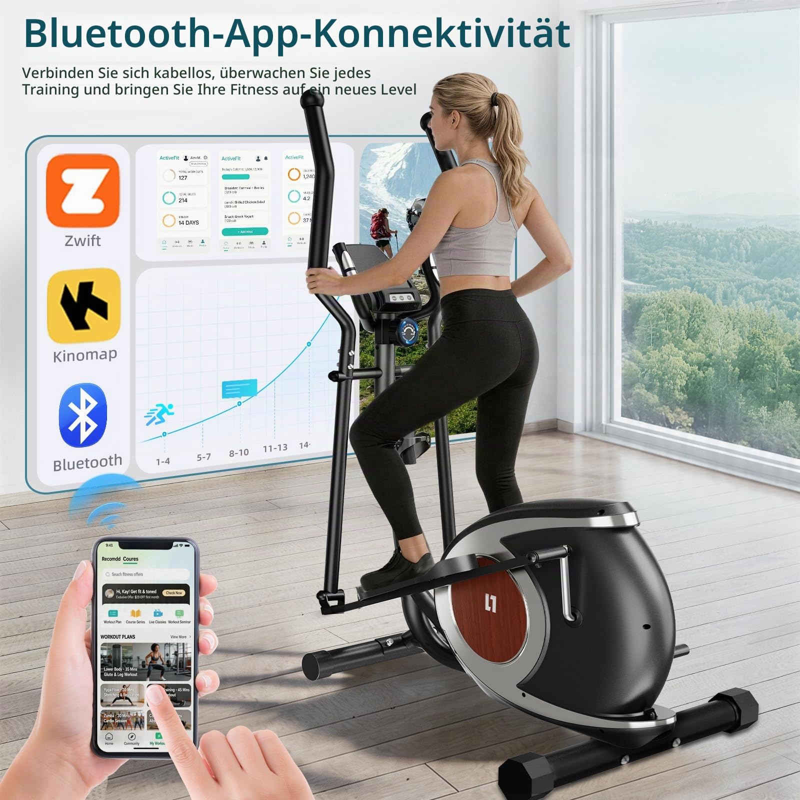 YONISEE Crosstrainer für Zuhause, Leiser Ellipsentrainer mit 16-stufigem Magnetwiderstand, LCD-Display und Bluetooth‑App‑Kompatibilität, Ganzkörper-Fitnessgerät für Heimtraining, Bis 130 kg