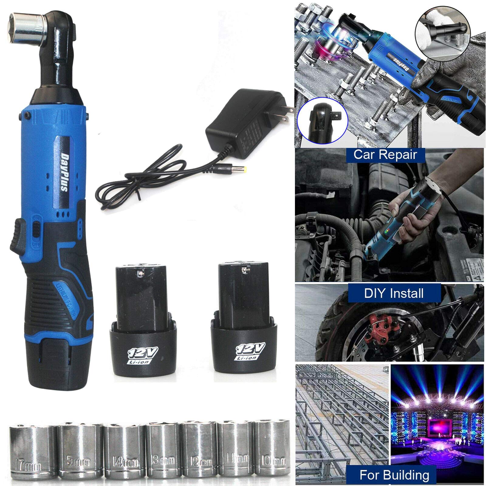 Cordless 3/8" Ratchet Wrench Set with 2PCS 1500mAh Lithium-Ion Batteries and Fast Charger, Autofather 12V Power Electric Ratchet Wrench Kit with 7-Piece Wrench Sockets