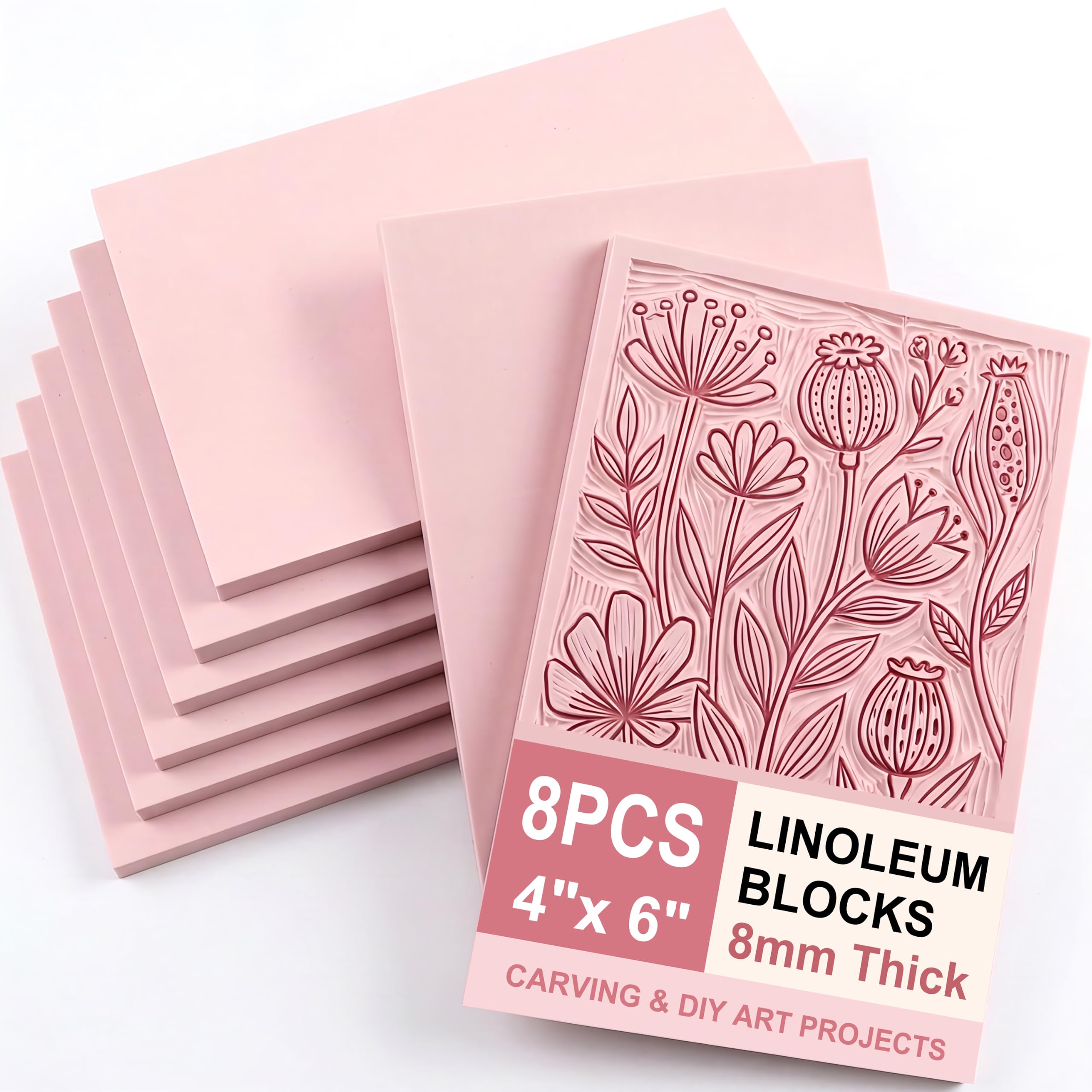 SGHUO 8pcs 4"x6" Pink Rubber Carving Blocks, 8mm Thick