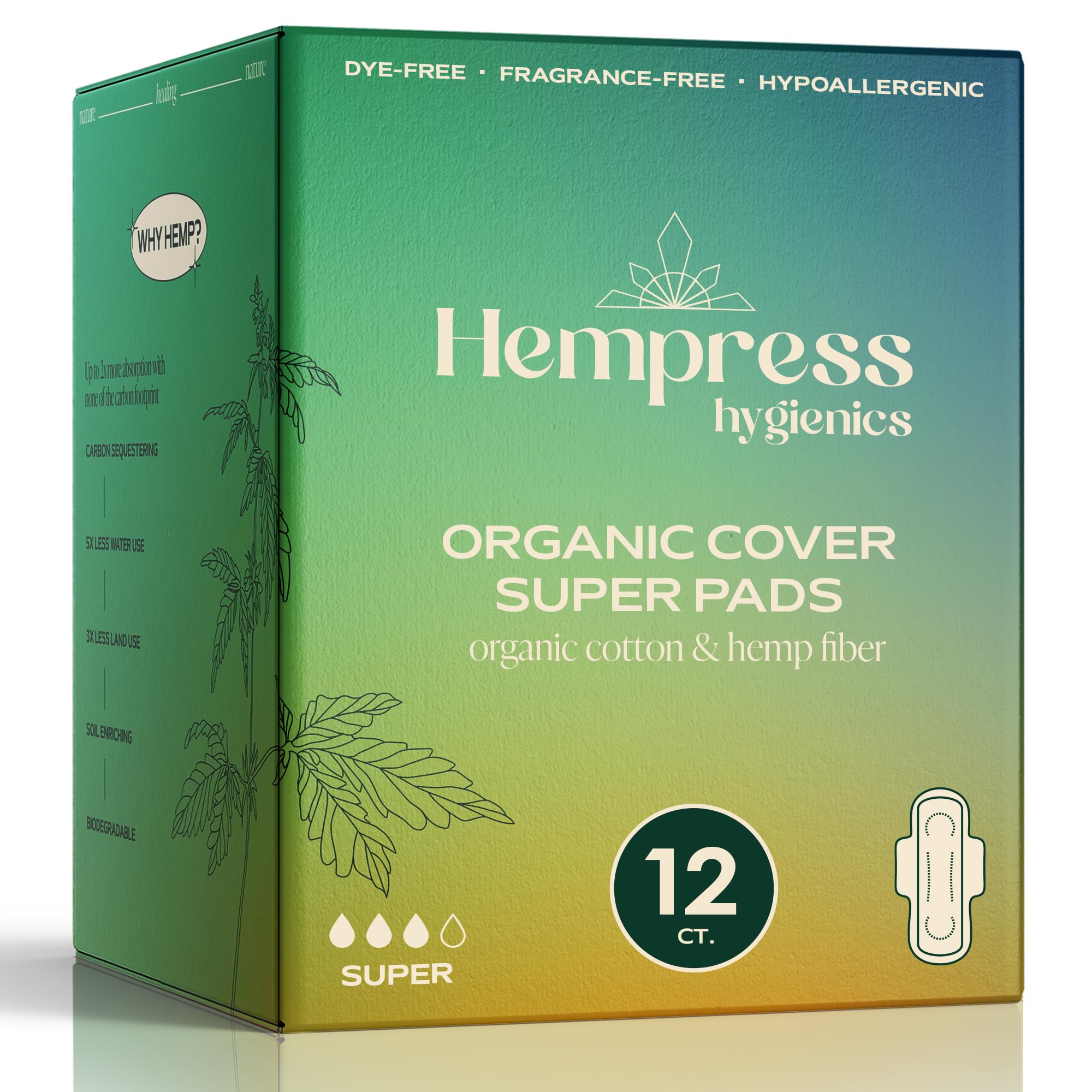 Hempress Hygienics Super Absorbent Organic Pads for Women, for Extra Heavy Flow and Reliable Protection, Ultra Soft, Breathable & Skin Friendly, Fragrance Free Feminine Care (12 Count)
