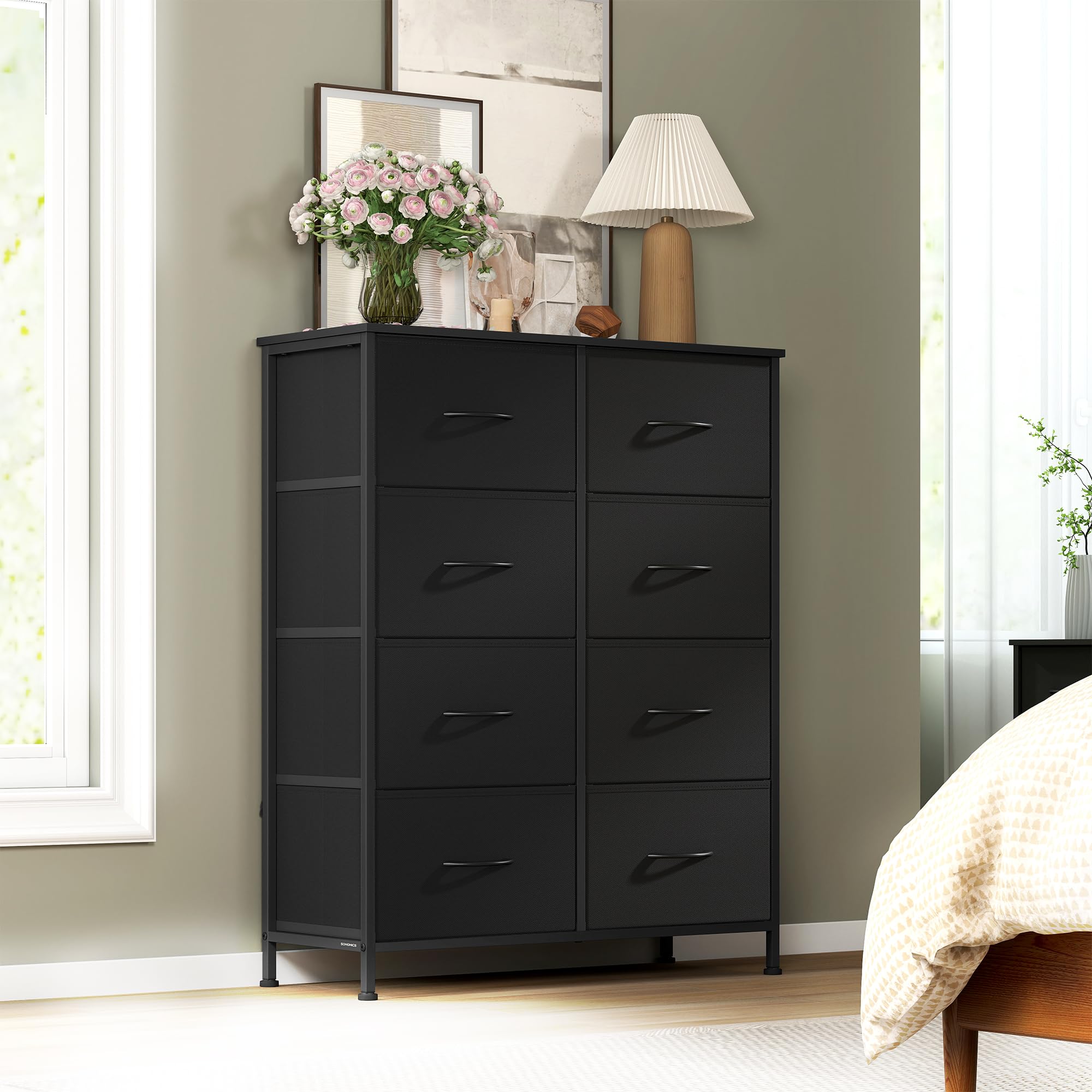 SONGMICS Chest of Drawers, 8 Fabric Drawers Storage Unit, Steel, MDF, Non-Woven Fabric, for Bedroom, Closet, Hallway, Living Room, Ink Black and Ebony Black LGS124BH03