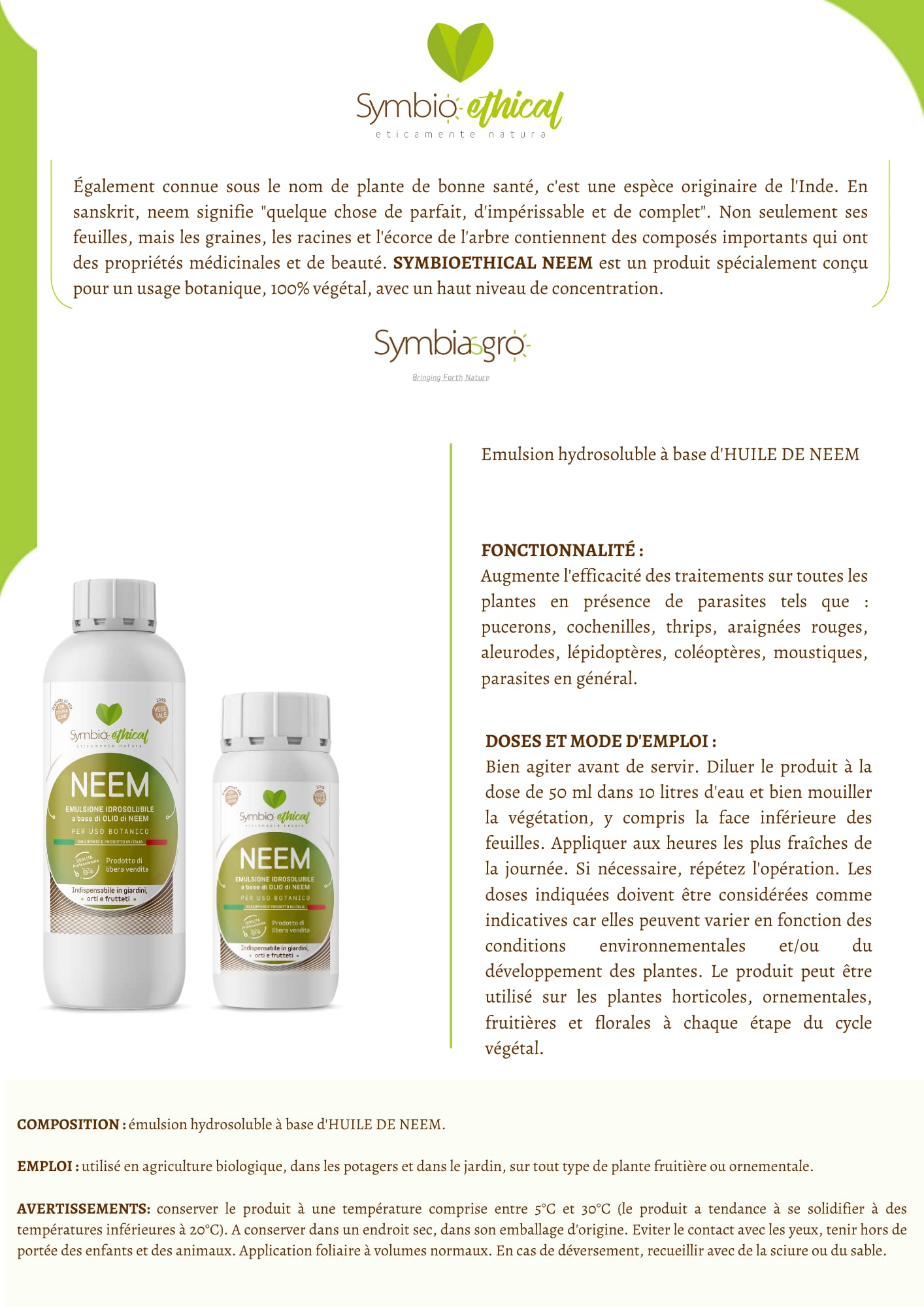 SYMBIOETHICAL - NEEM, Hydrophile Emulsion auf Basis von Neemöl für Pflanzen, botanisches Konzentrat, 100% pflanzlich, Made in Italy, 500 ml