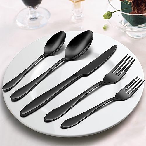 Miniatura 5 de Homikit Juego de cubiertos de 30 piezas color negro brillante, cubiertos de acero inoxidable para 6, utensilios modernos para comer en casa,