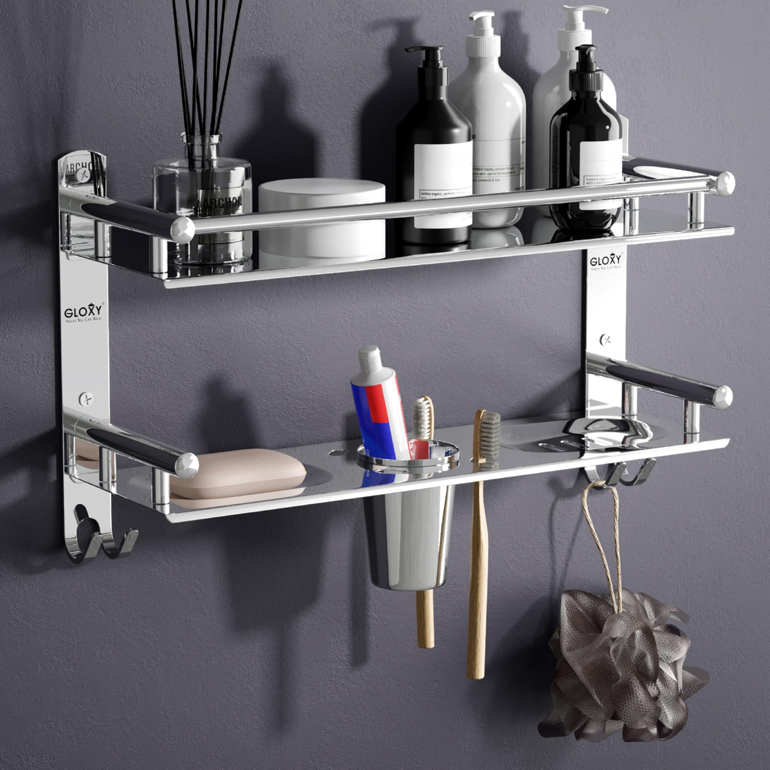 GLOXY 4 in 1 Multipurpose Stainless Steel Bathroom Shelf for Wall | Soap Holder for Bathroom with Toothbrush Holder | Bathroom Accessories and Fittings (12D x 40W x 24H cm, Chrome Finnish)-image-11