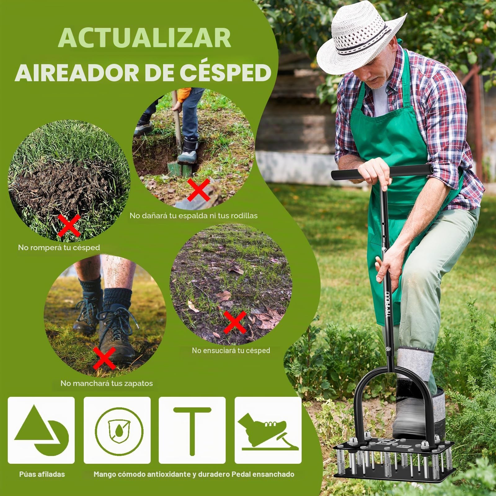 Aireador Cesped, Aireador de césped con 15 Púas de Hierro, Limpieza automática de Hojas y Suciedad, Escarificador Cesped Manual Ajustable en Altura para Cuidado del césped Patio Jardín