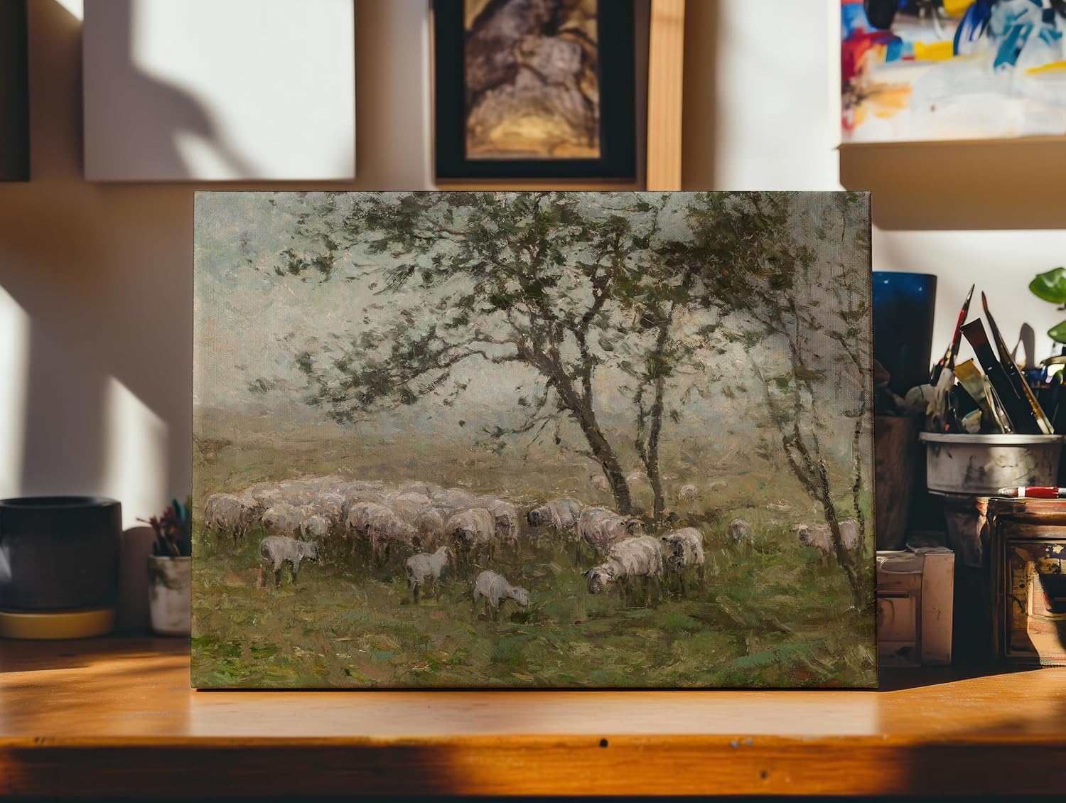 Poster Master A Flock of Sheep Canvas - Retro Shepherding Print - Lamb Art - Abstract Gift for Men & Women - Wall Decor for Farmhouse, Office or Living Room - 8x10 STRETCHED Canvas