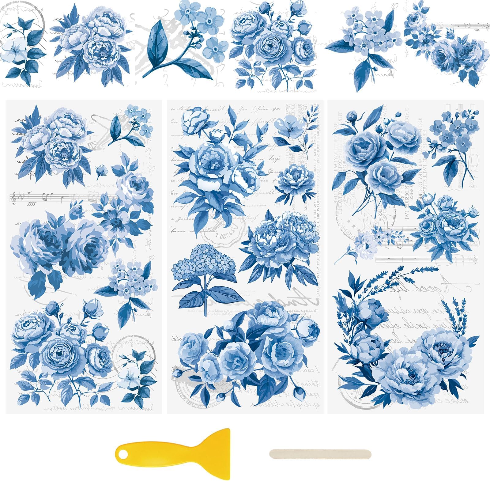 3 Sheets UV Rub on Transfer Stickers, Blue Flowers Theme 3D Waterproof Decals for DIY Glass Cups Furniture Water Bottle Laptop Crafts,15 * 30cm