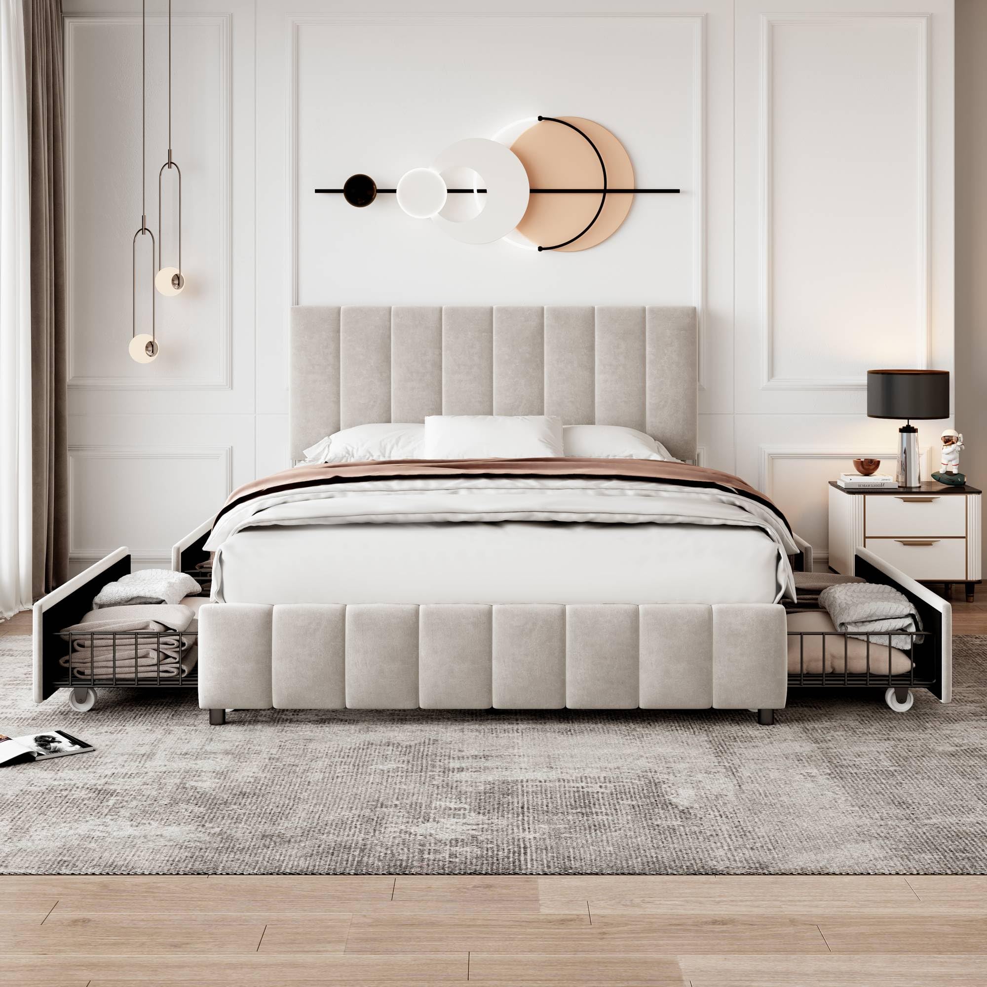 Merax Upholstered Double Bed, 4FT6 Bed Frame with Storage, 4 Drawers on Wheels, Adjustable Soft Channel Tufted Headboard, Metal-Wood Support, No Mattress, Velvet, Beige, 135x190cm