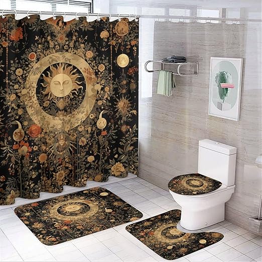 4Pcs Sun Moon Shower Curtain, Mystical Star Wildflower Plant Shower Curtain Sets with Toilet Lid Cover, U-Shaped Mat and Non-Slip Rugs, Bathroom Decor Set 72 W X 72 L