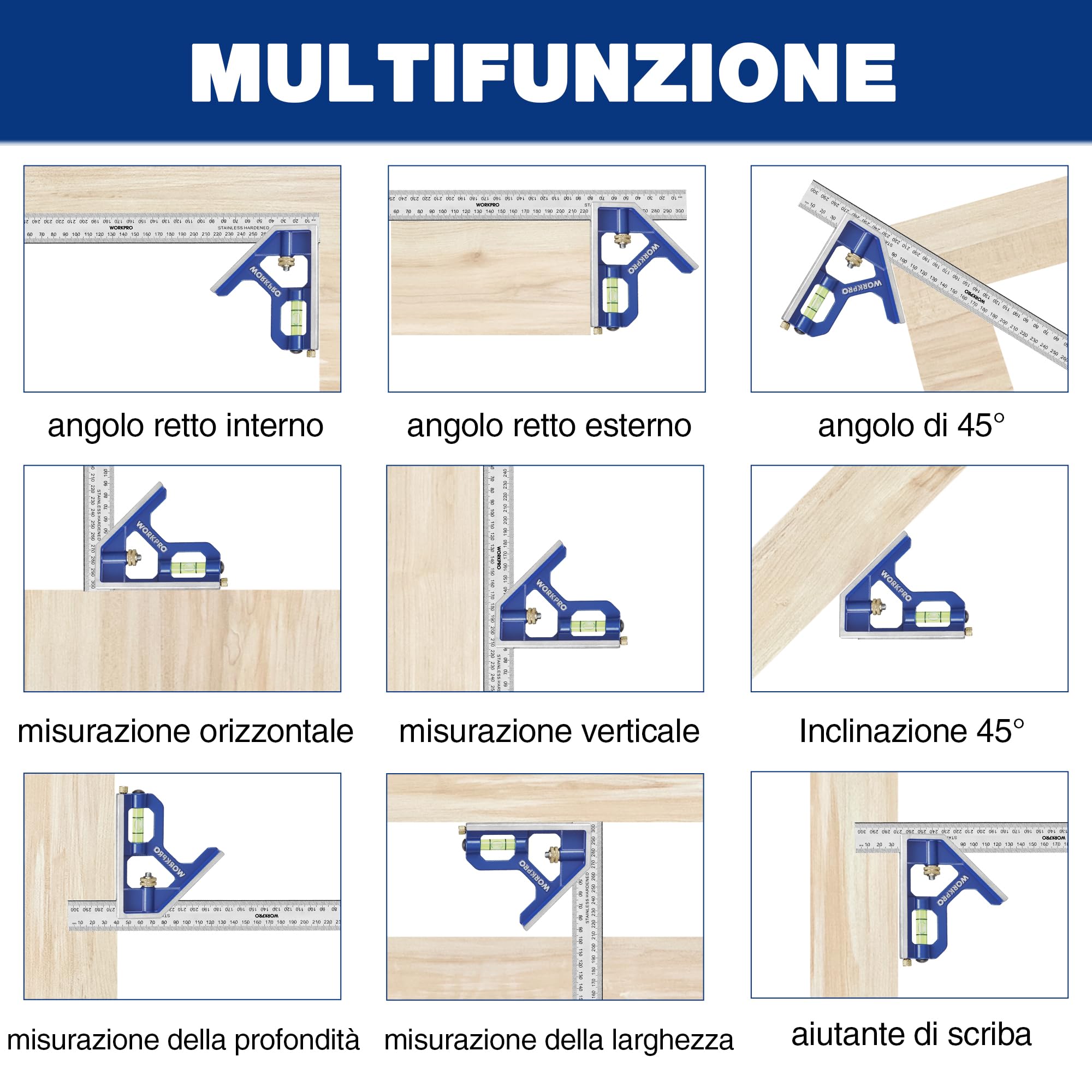 WORKPRO Set di Squadra Combinata Regolabile 150+300mm, Righello Angolo Acciaio Inossidabile con Bolla