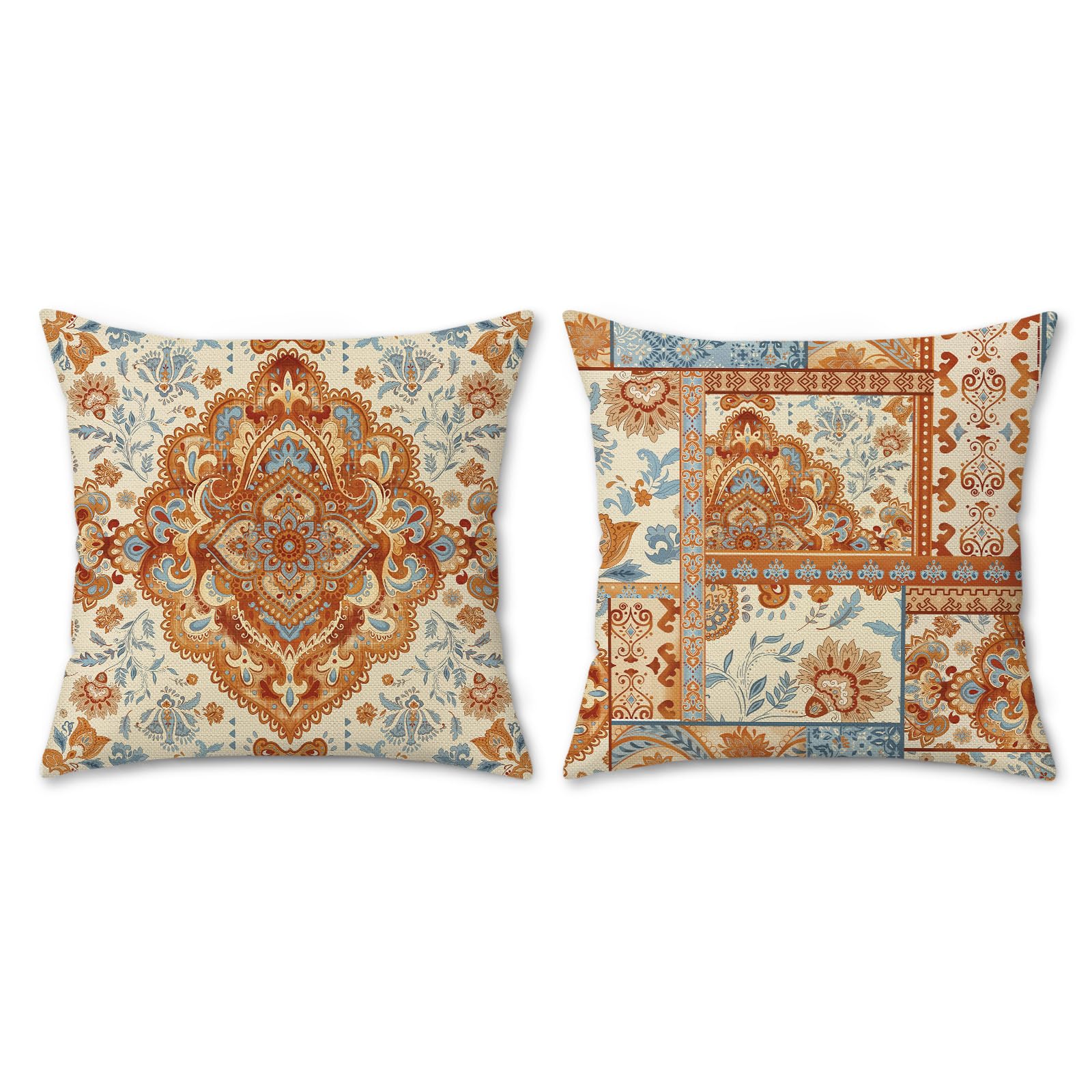 Bonhause Boho poszewki na poduszki dekoracyjne 45 x 45 cm, zestaw 2 sztuk, vintage, boho, etniczny, dywan, brązowy, pomarańczowy, niebieski, kwiaty, liście, na zewnątrz, dekoracyjne poszewki na