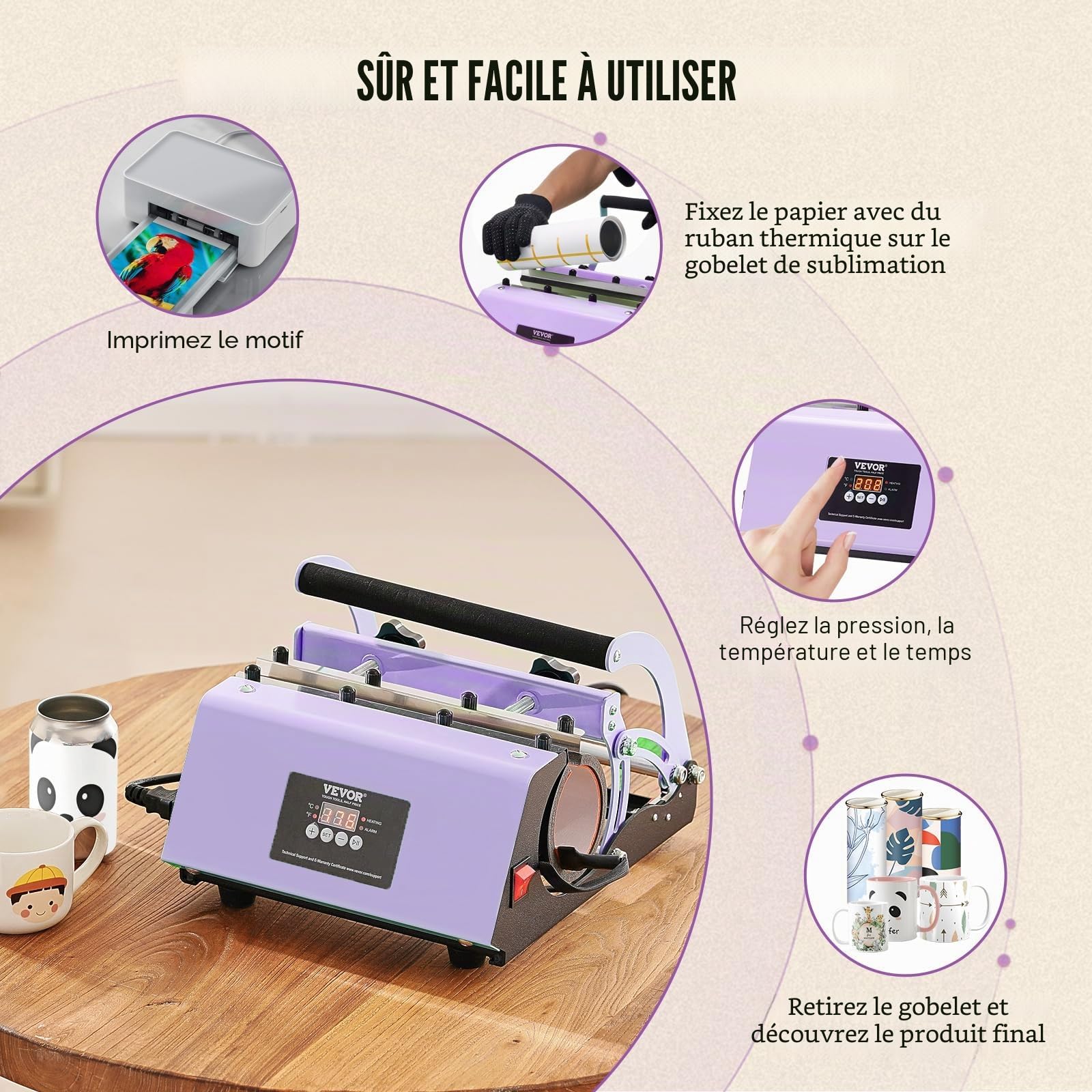 VEVOR Presse à Chaud pour Tasses 32,5-89 cL, Presse pour l'Impression de Tasse 75-87 mm de Diamètre, Machine de Sublimation avec Papier de Sublimation, pour Transférer Images sur Mug Gobelet, Violet