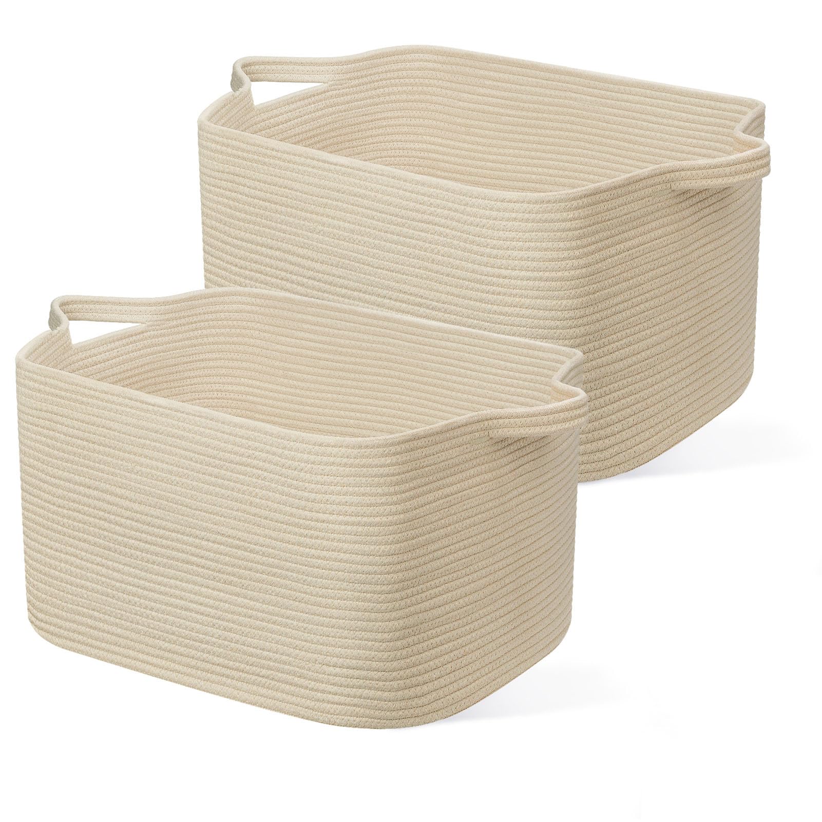 JOJOSEE Large Storage Basket, Blanket Basket for Clothes Bedding, Woven Storage Baskets, Toy Storage for Kids, Rope Basket for Living Room, Nursery, Bedroom 55x38x30 cm (Beige, 2 Pack)