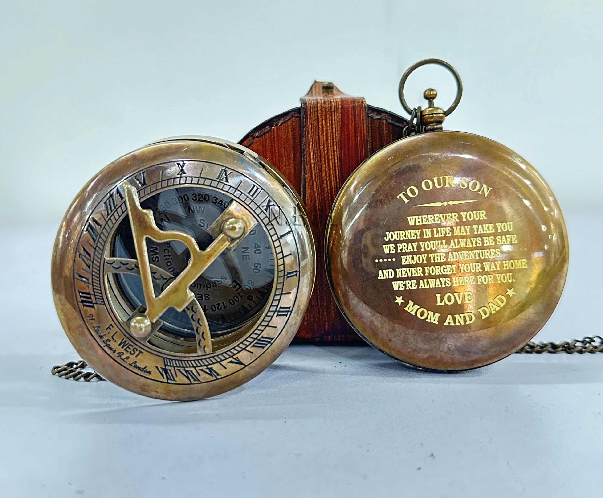 F.L West Bussola Sundail da 7,6 cm, scatola in pelle per papà a figlio, regalo per compleanno, Capodanno, per campeggio, attività all'aperto, strumento di navigazione
