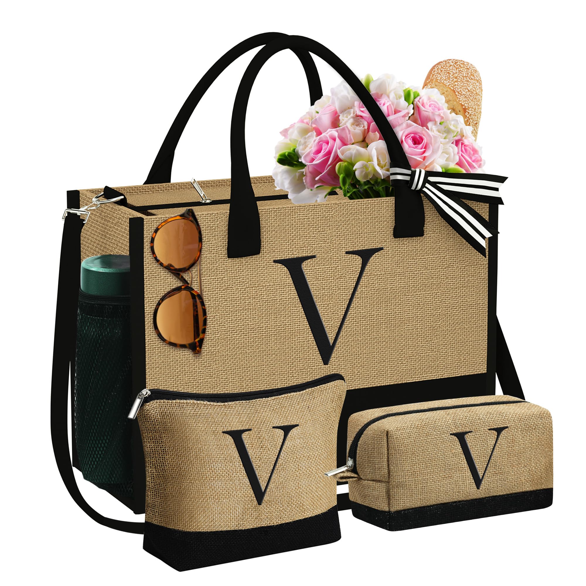 YOOLIFE Valentine Day Gifts for Her - Initial Jute Tote Bag & 2 Makeup Bag, Birthday Gifts for Women Teacher Wife Mom Friend