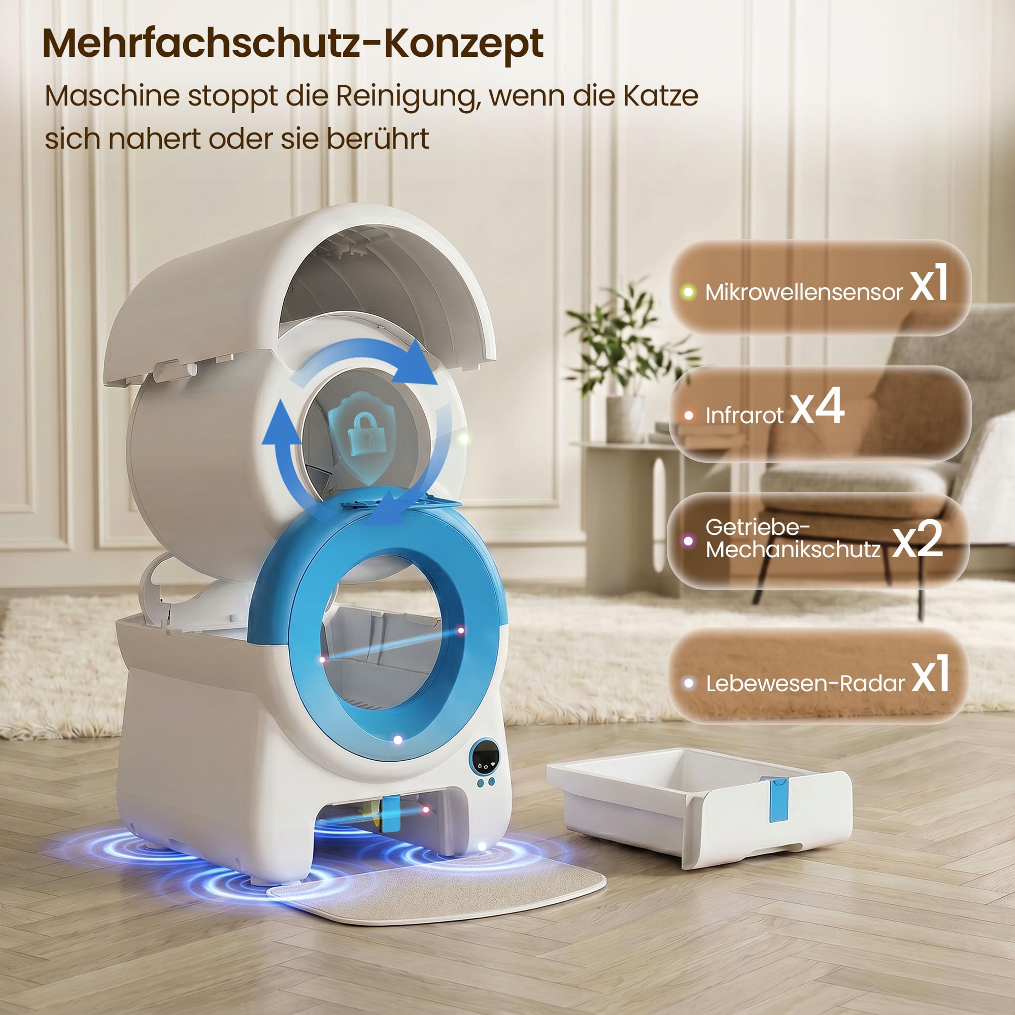 JUMMICO Katzenklo Selbstreinigend XXXL, Automatische Katzentoilette mit 100L Innenraum, 12L Fäkalienbehälter, APP-Steuerung, Luftvorhang & 10 Sicherheitssensoren für mehrere Katzen
