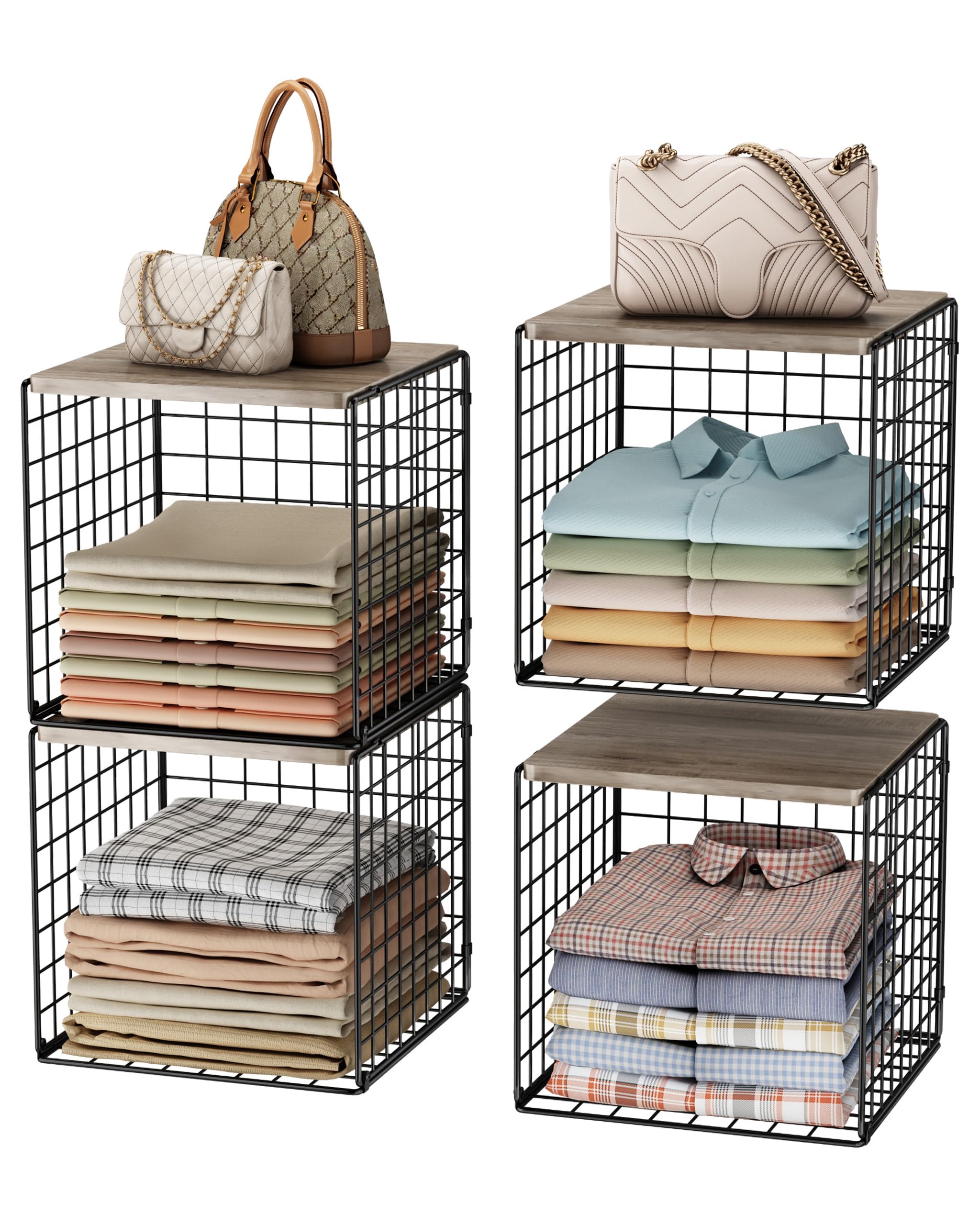 UMDONX Organizador Armario de 4 Piezas | con Apilable Separadores Armario Metal-Estanteria Cubos Negro-30.5x30.5x31CM