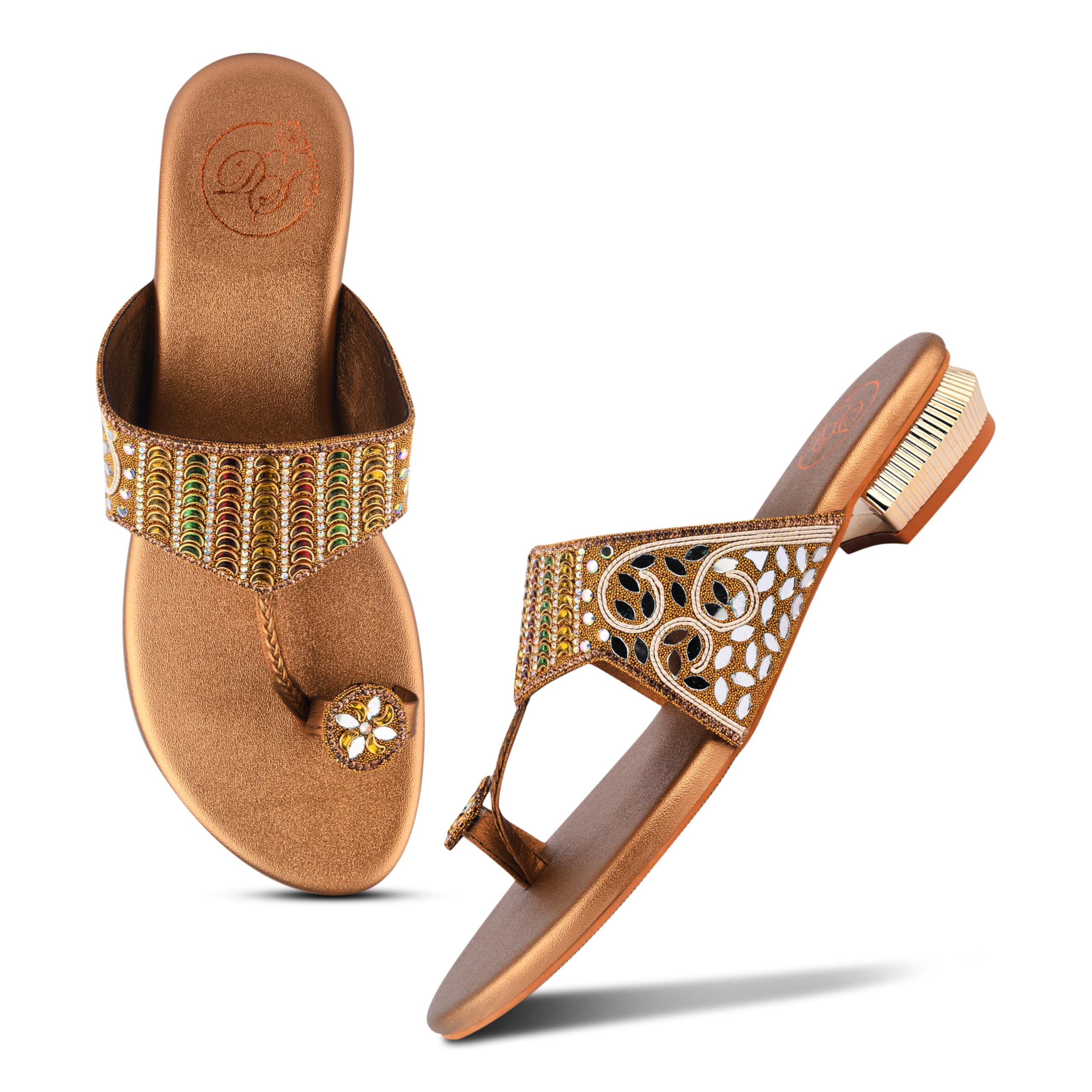 Women’s Antique Gold Toe-Ring Sandals | Embellished Cutwork Design With Stones | Ethnic Slip-On Flats For Festive, Casual & Office Wear-image-35