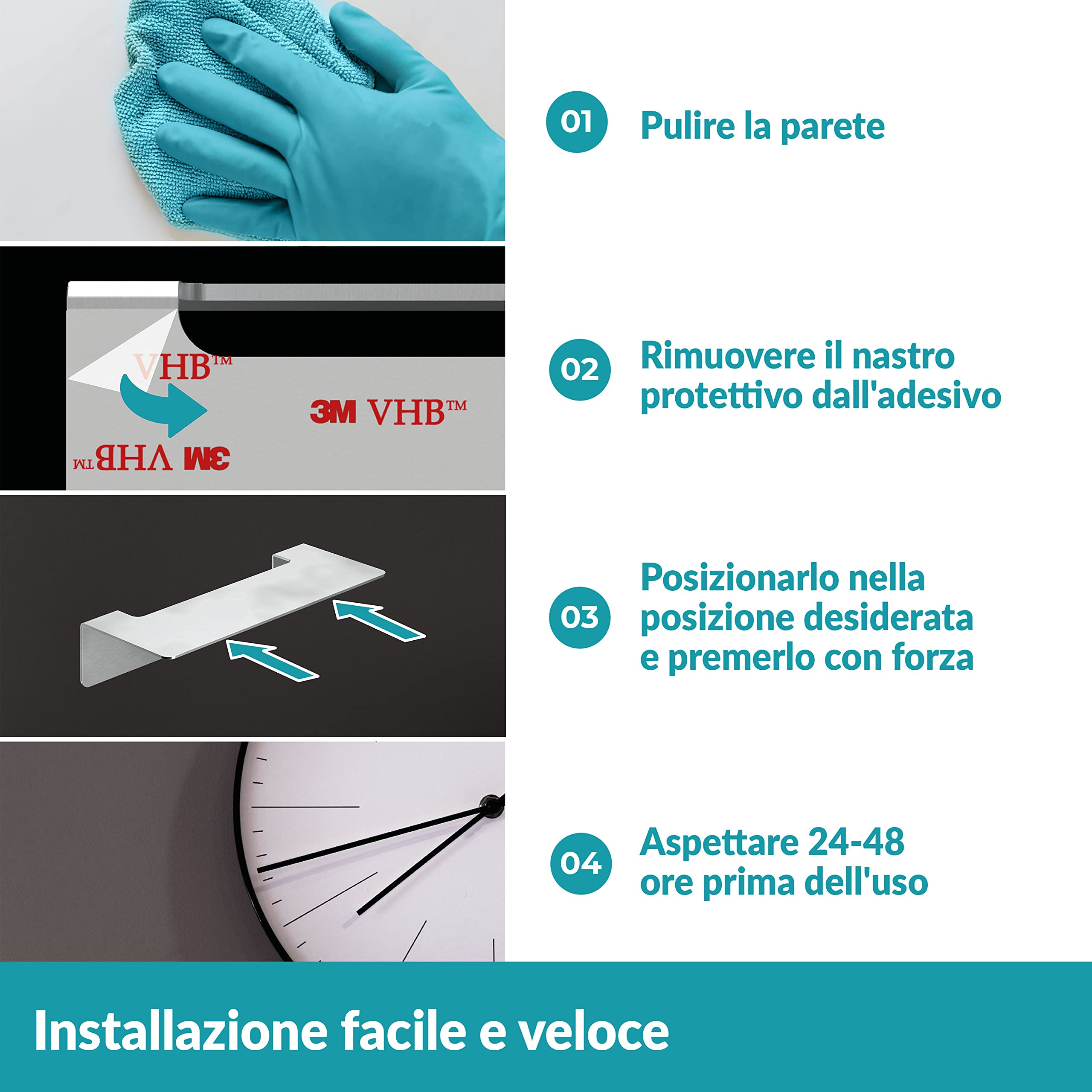 WEISSENSTEIN Mensola bagno adesiva da muro 24 cm Rettangolare Acciaio inox