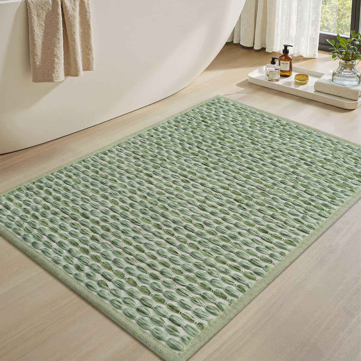 AMOAMI Tapete de baño tejido único, súper absorbente, antideslizante, para el suelo del baño, con textura, de secado rápido, lavable, alfombras de