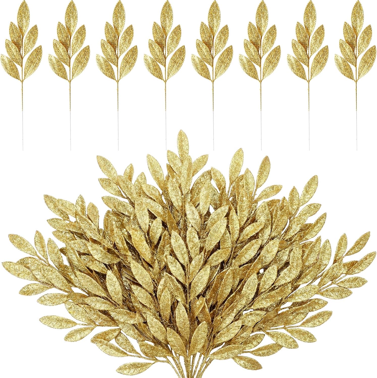 Canlierr 100 Pcs Glitter Gold Leaves, 13 Inch Artificial Gold Flower Stems, Tree Picks & Sprays for DIY Wreath, Floral Arrangement and Christmas Tree DIY Wedding Table Centerpieces