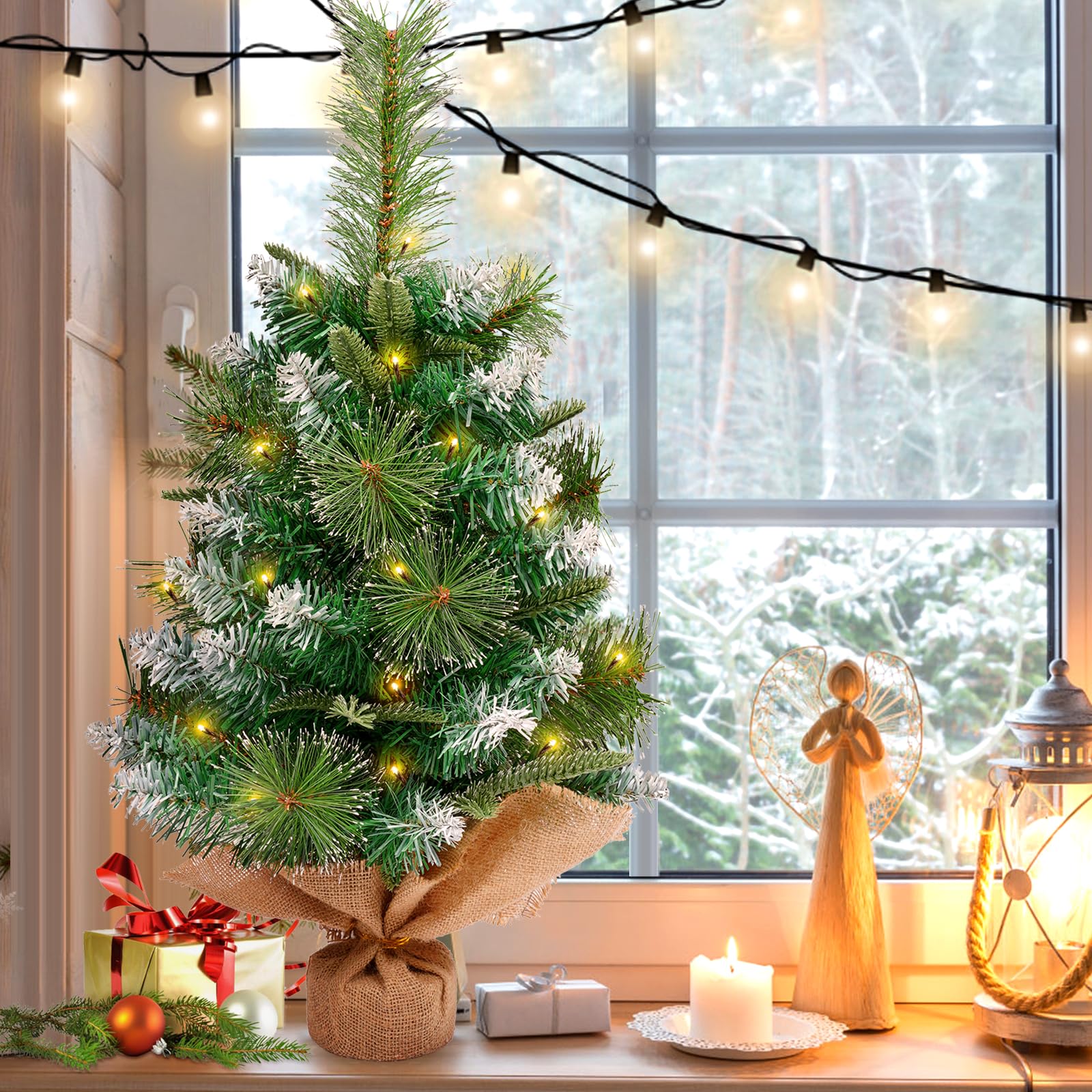 Árbol de Navidad Artificial pequeño de 60 cm con Base de Lino, para decoración de Mesa, hogar, Oficina, Cocina, Comedor, Escritorio