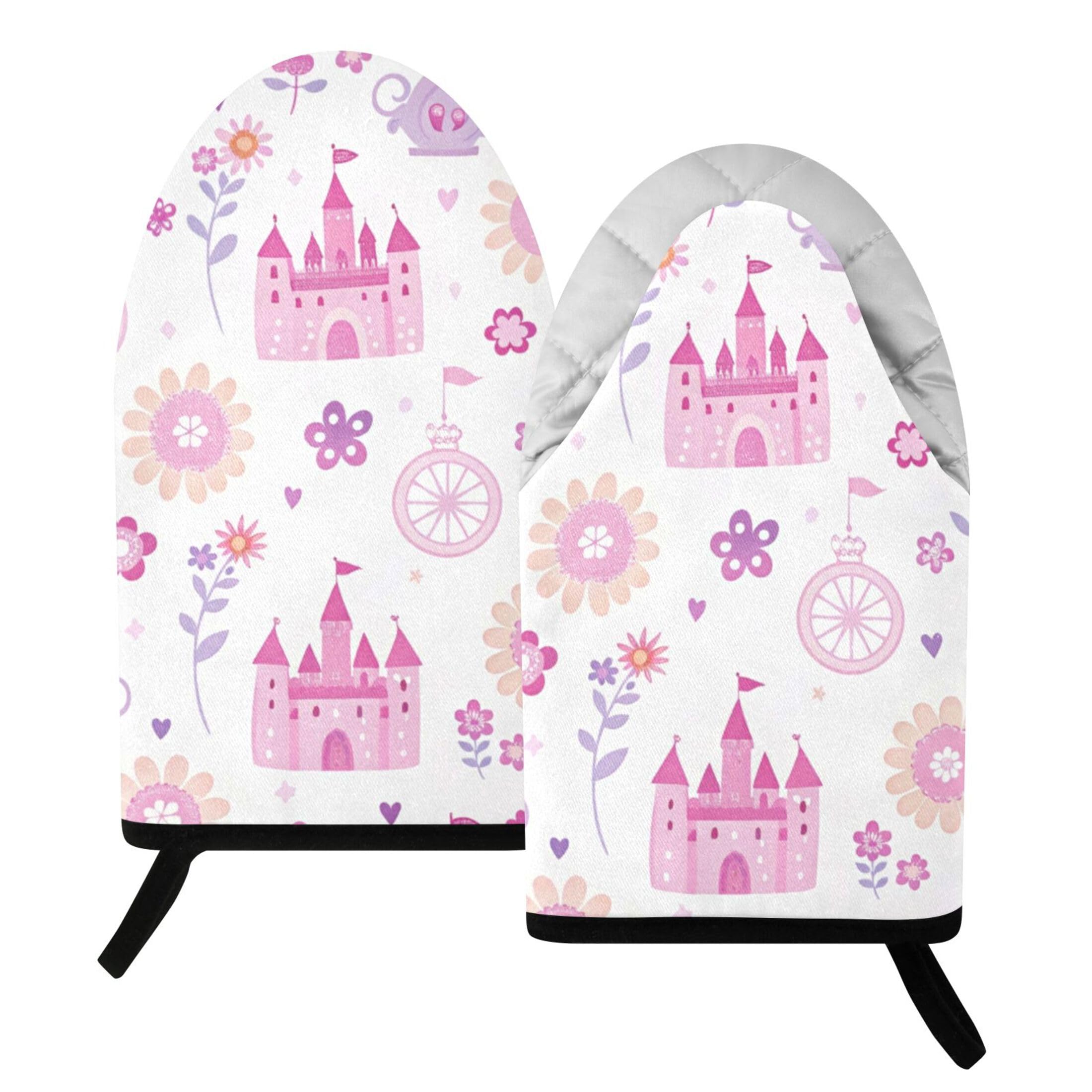 Fuauuyl Oven Mitts Heat Resistant Kitchen Gloves, Princess Storyland Castles Classic Oven Gloves with Hanging Loop for Baking BBQ Cooking Grilling, 1 Pair, 9.5 in