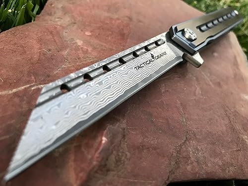 Miniatura 2 de TACTICAL GEARZ Navaja de bolsillo de Damasco para EDC, mango de titanio sólido, 67 hojas de acero Damasco multicapa VG10, incluye funda (Onyx XT BB)