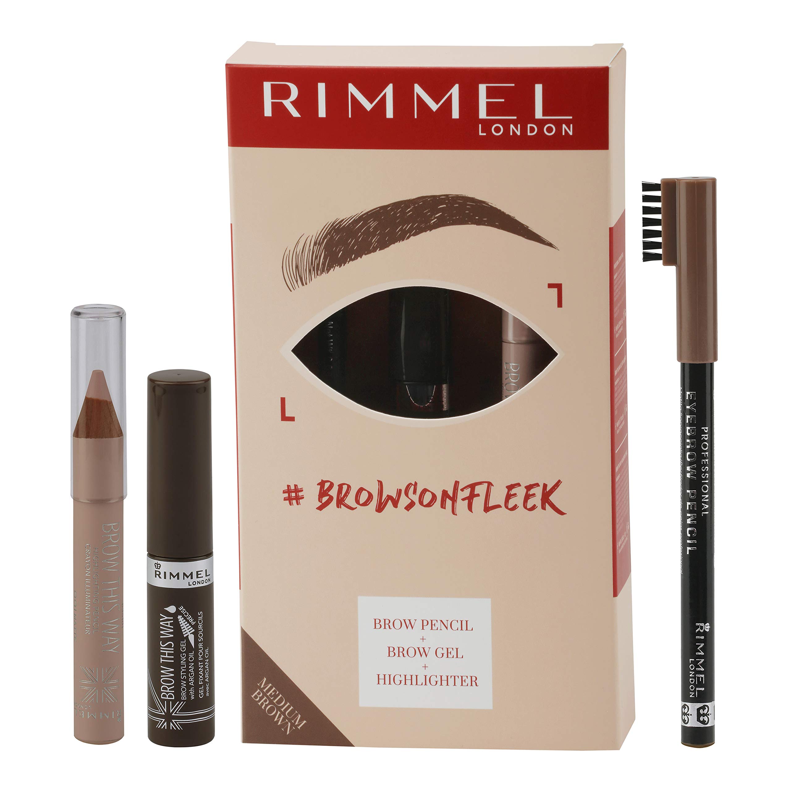 RimmelLondon Brows On Fleek Medium Brown, Set of 3 (Brow Pencil, Brow Gel & Highlighter)