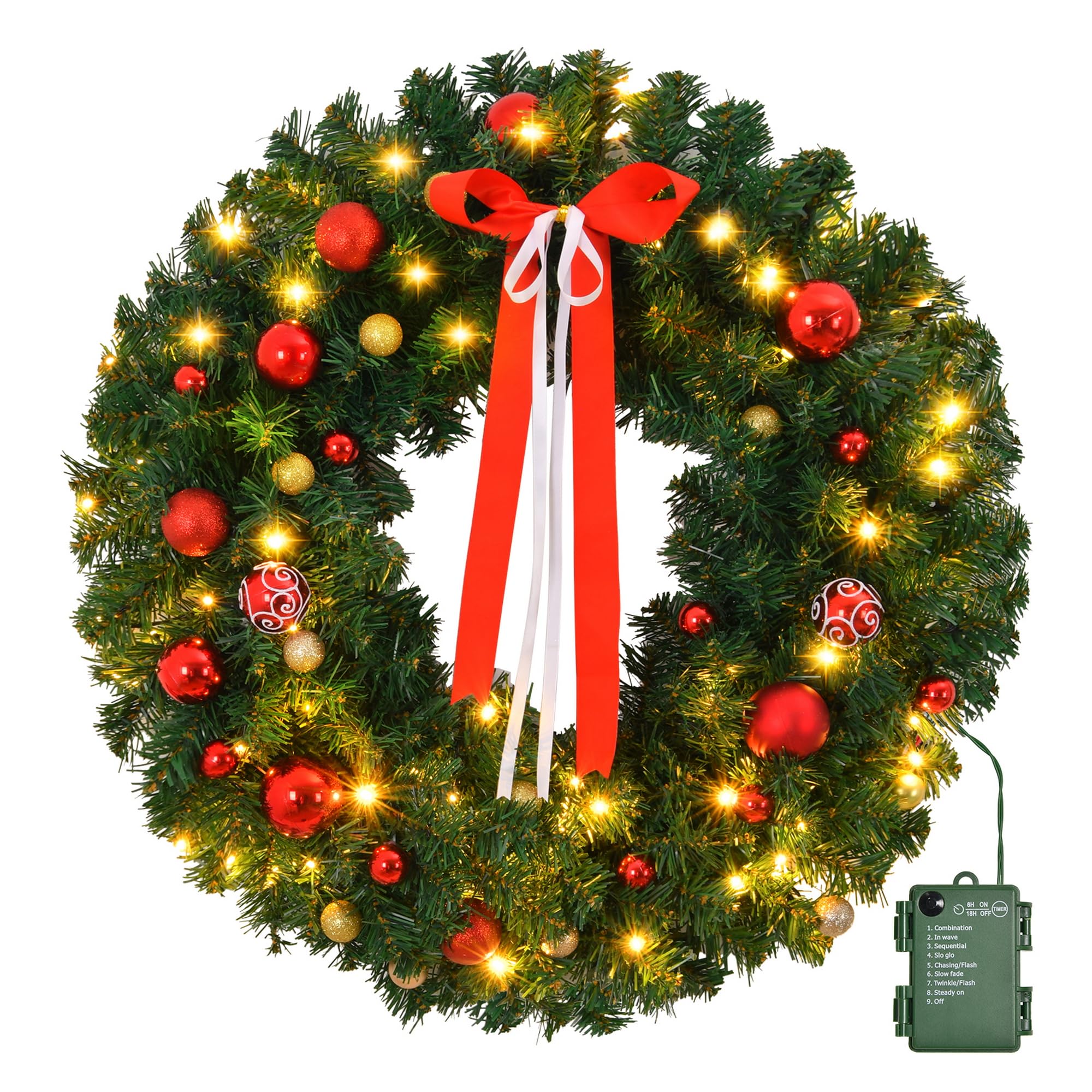 Karl home Couronne de Noël artificielle pré-éclairée alimentée par piles avec 80 lumières chaudes et 270 embouts en PVC et 18 décorations à faire soi-même, pour porte d'entrée, mur, décoration de fête
