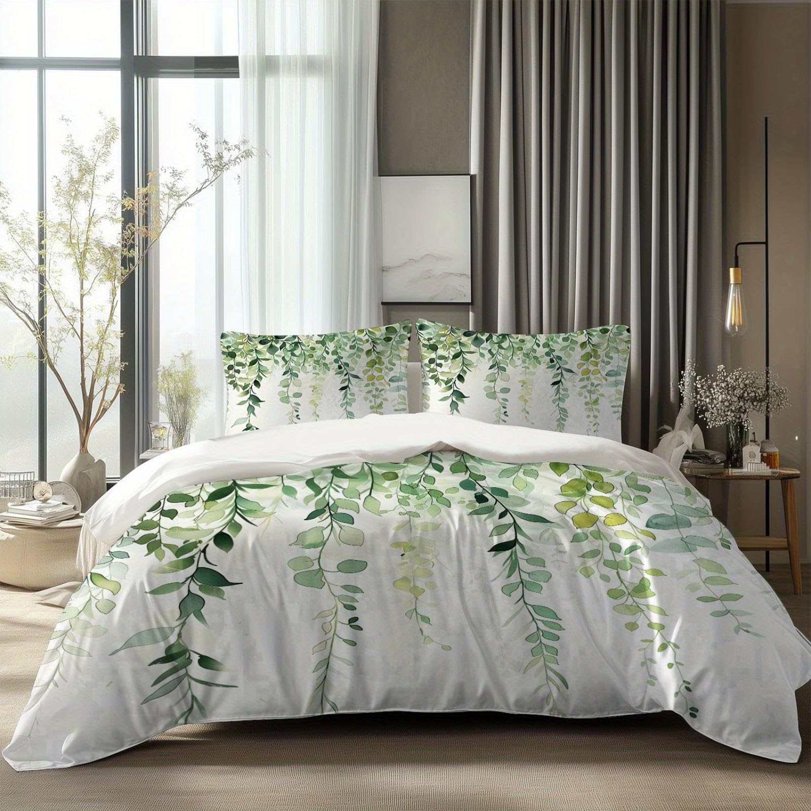Parure de lit en polyester avec housse de couette motif feuilles d'eucalyptus