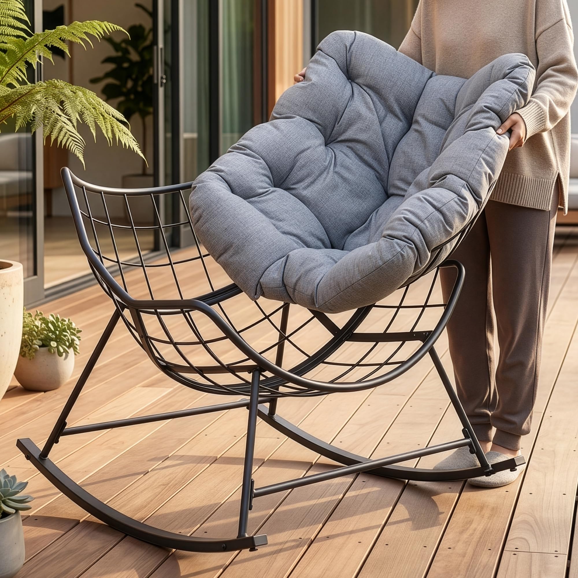[en.casa] Silla Mecedora Villeneuve con cojín al Aire Libre Acero Gris | balancin jardin exterior 85x90x91cm acero textil máx. 120 kg