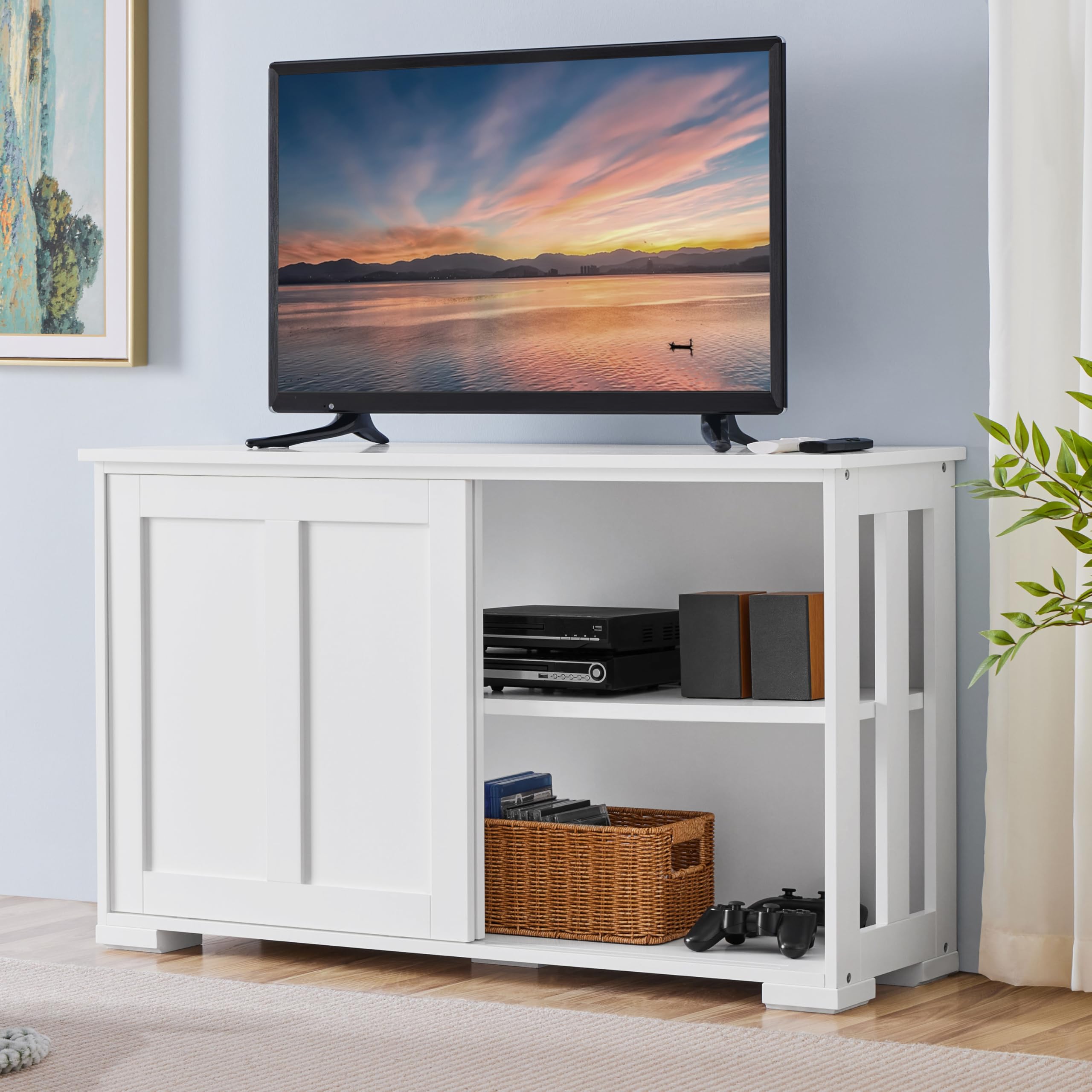 Yaheetech Credenza Mobile da Cucina Bianco con 2 Ante Scorrevoli Salvaspazio e Ripiano Regolabile in Legno Mobiletto TV da Salotto Soggiorno 106,7 x 33 x 63 cm