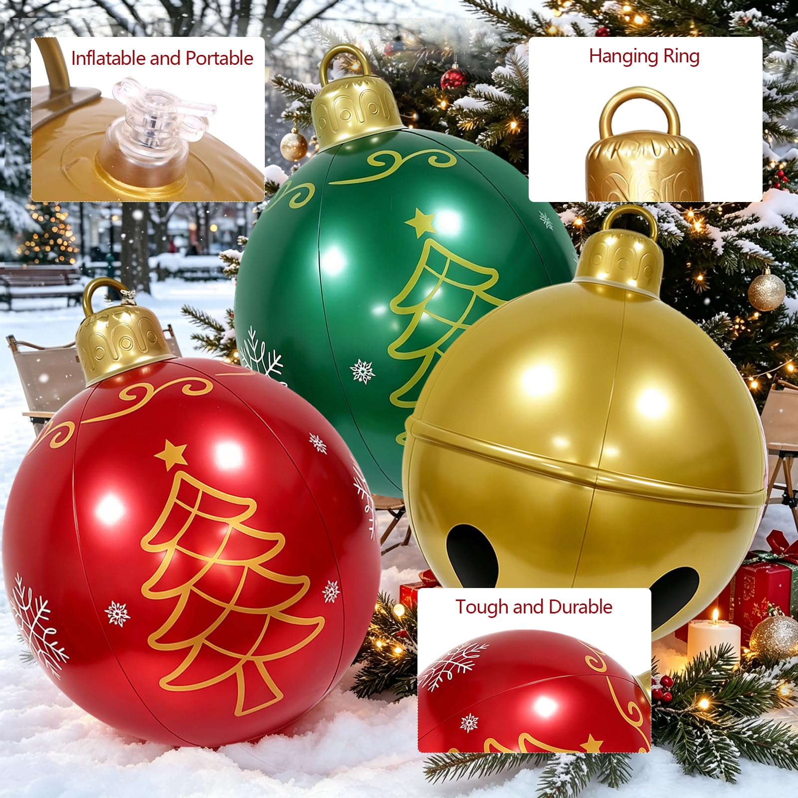 Boules de Noël Gonflables 60 cm, Lot de 3 Grandes Décorations | avec Pompe à Main et Rustines de Réparation, Boules de Noël Réutilisables pour Maison, Fête et Décoration de Noël
