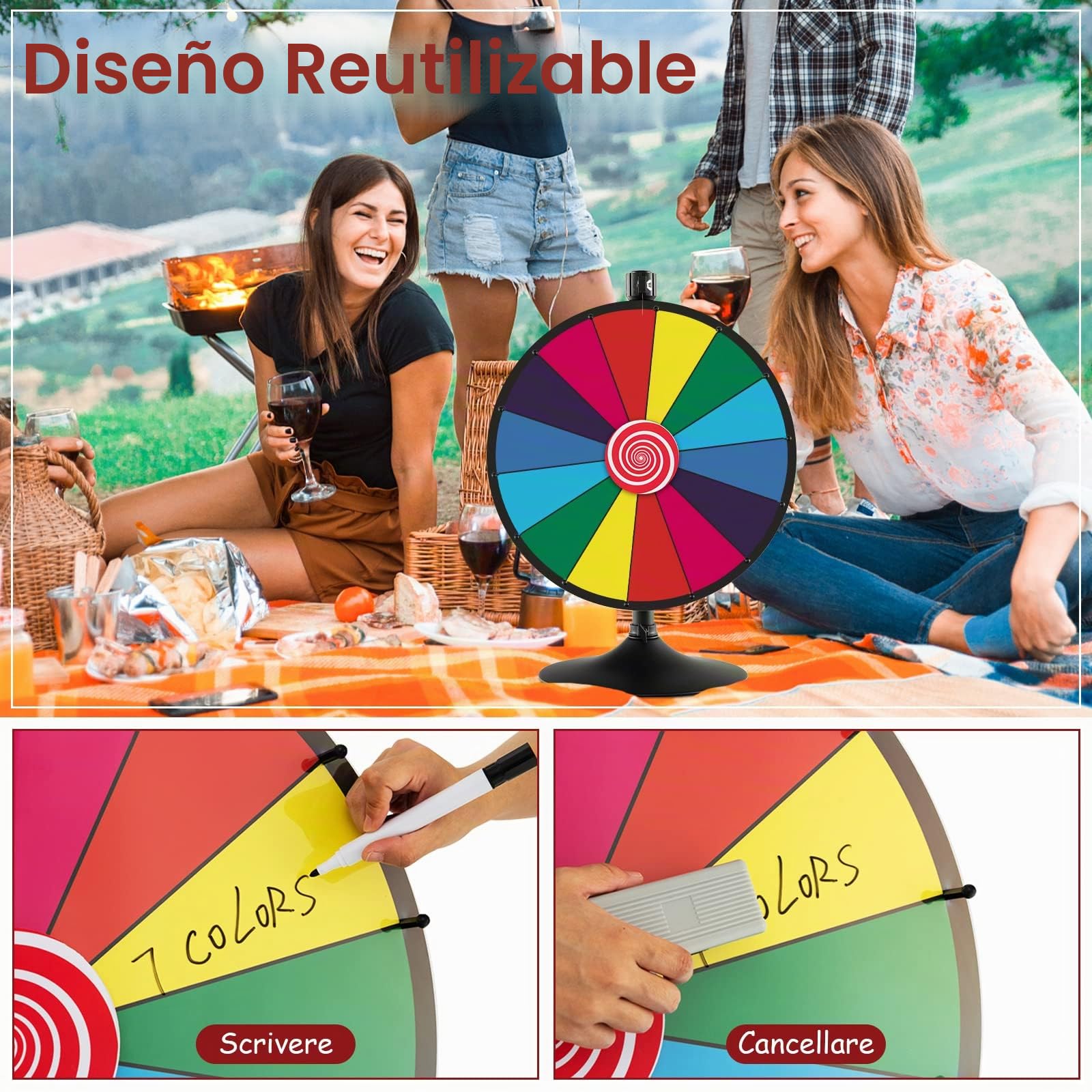RELAX4LIFE Ruleta de la Suerte de 60 cm con 14 Ranuras, Altura Ajustable 80-148 cm, Cepillo y Marcador Borrable, Rueda de la Fortuna con Soporte de Metal Desmontable (Estilo 2)
