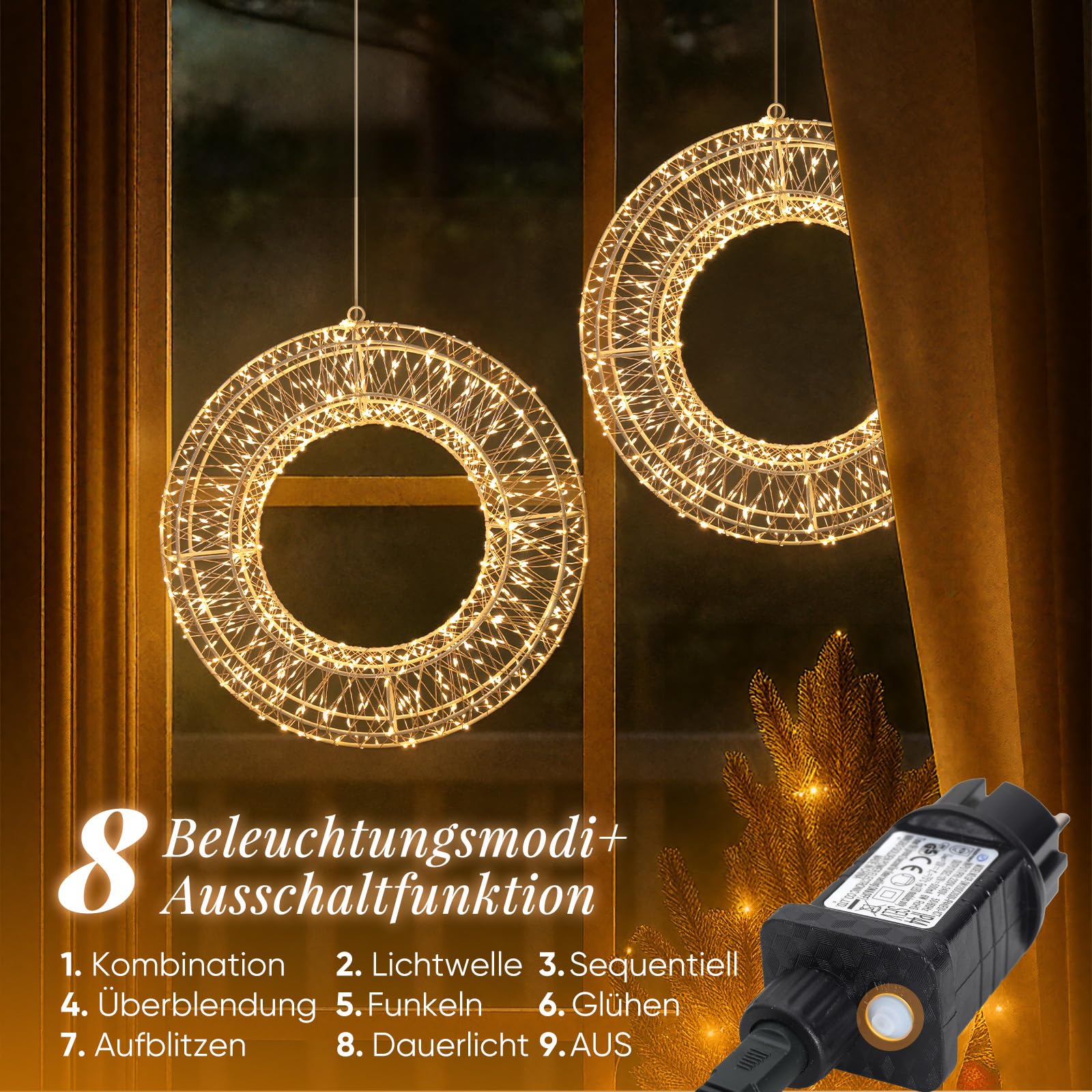 SALCAR Ø45cm LED Lichtkranz, Weihnachtsdeko Fenster Lichterkranz mit Stecker, 8 Modi, Timer und Memory, Hängekranz Drahtkranz Wandkranz Lichterkreis für Innen und Außen, Warmweiß
