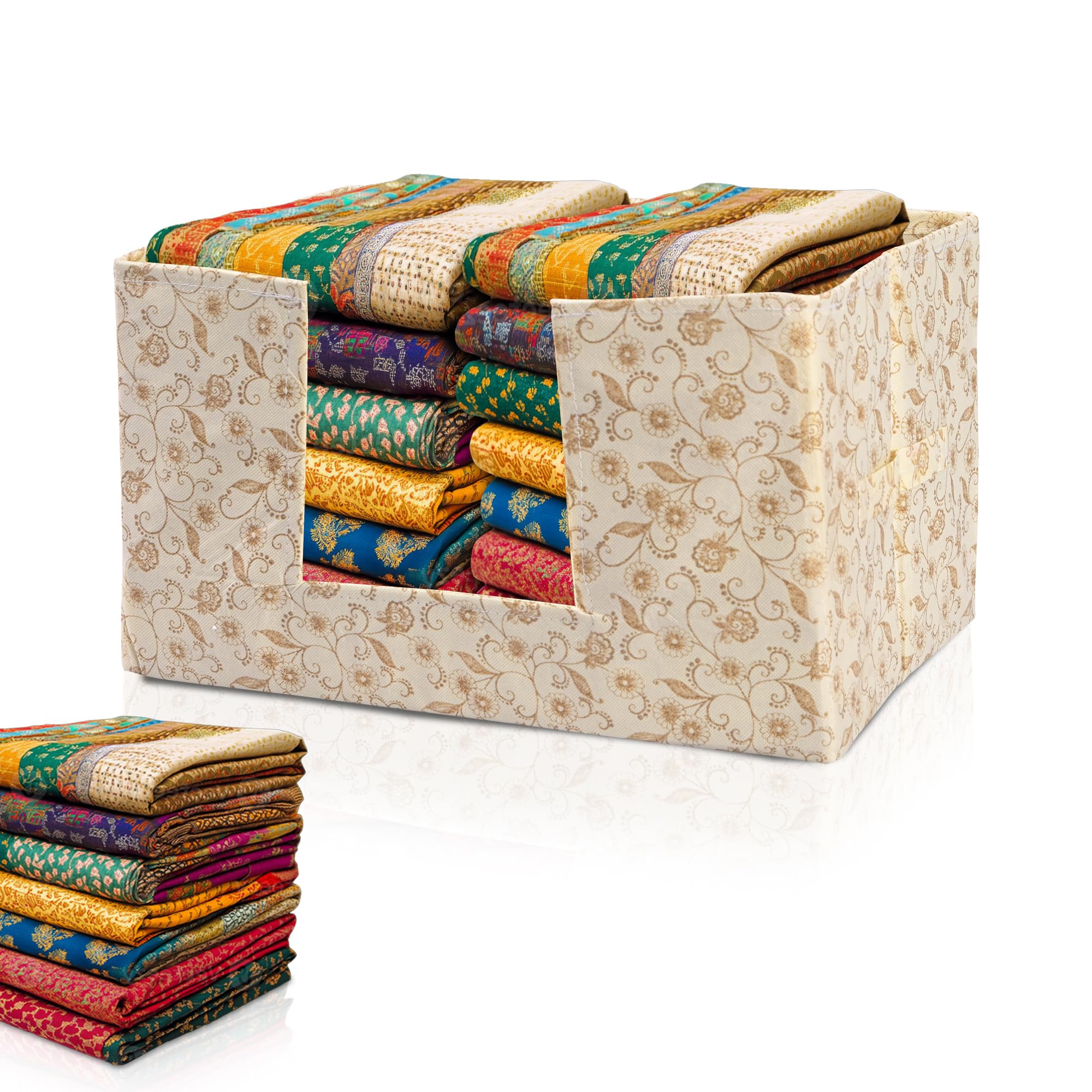 Kuber Industries Cloth Organizer for Storage Wardrobe | Closet Storage Organizer with Handle | Drawer Saree Box Organiser with Handle | Folding Storage Box for Clothes | Flower Printed | Cream