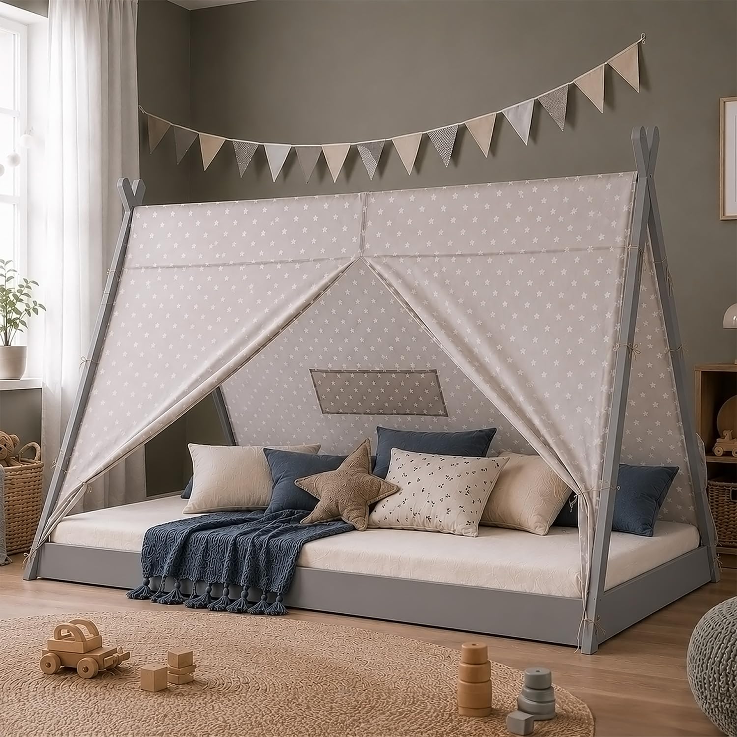 Homestyle4u Kinderbett 90x200 Tipi Zeltbett Kiefer Grau Weiß | Bodentiefes Schlafen, Sternenmuster Stoff aus Baumwolle, inkl. Lattenrost, für Jungen & Mädchen