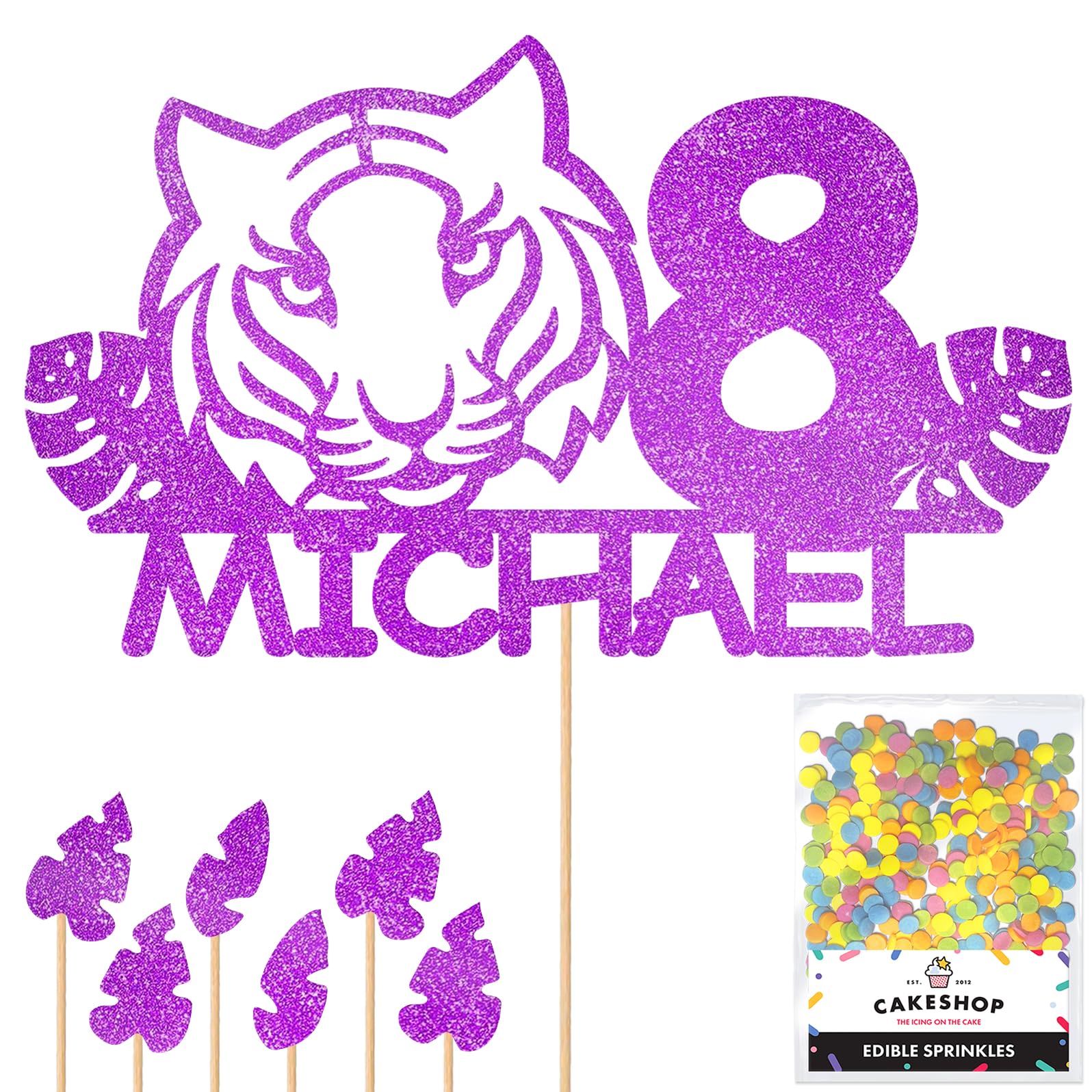 Personalised Birthday Jungle Tiger Glitter Cake Topper- Purple Any Custom Age & Name Glitter Cake Decoration and Sprinkles - Happy Birthday Decorations - Personalised Toppers for Cakes by Cakeshop — image 1