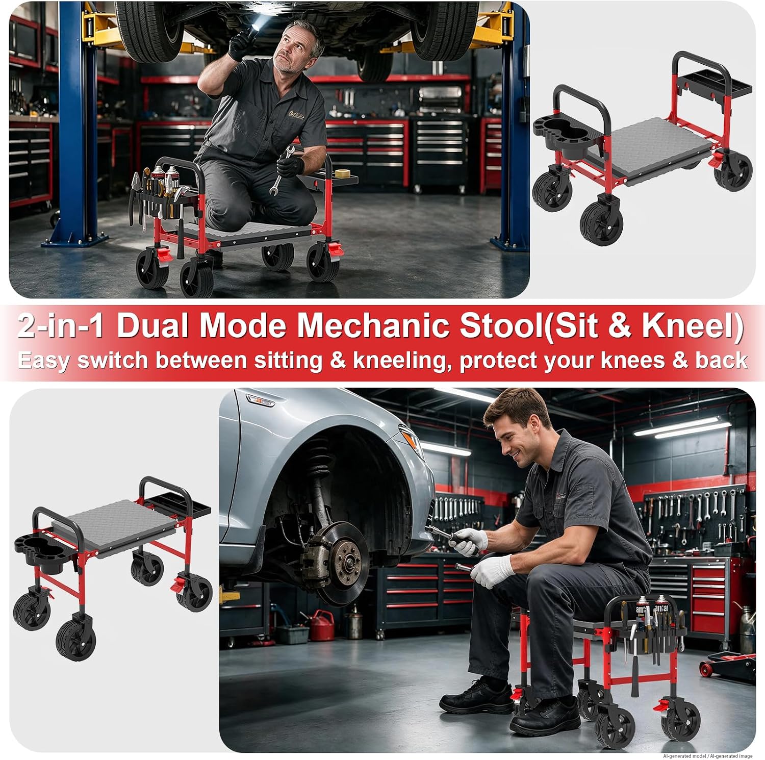 NIUXX Heavy Duty Mechanic Stool: 5" Wheels Roll Smoothly - Holds 400 Lbs