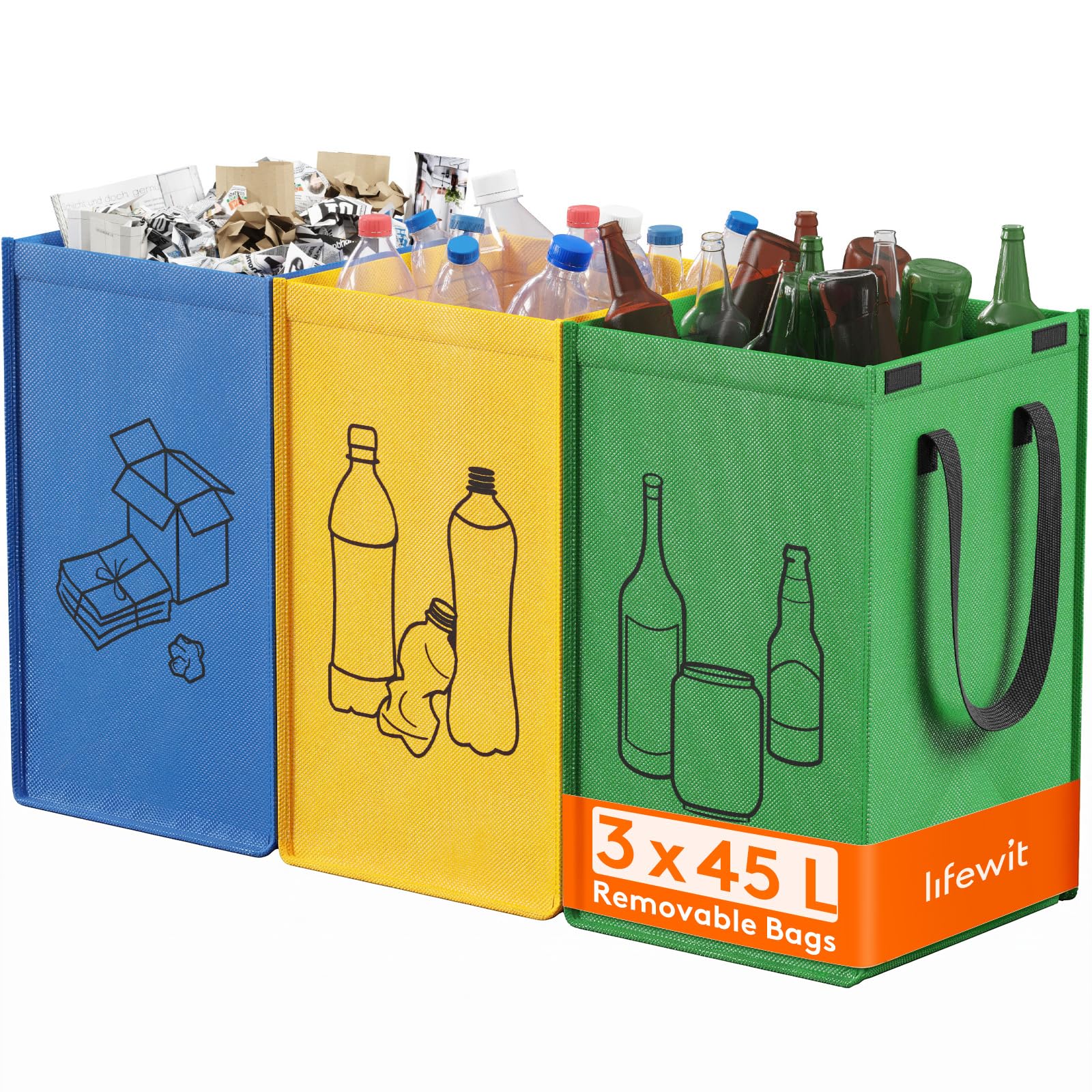 Lifewit Lot de 3 Sacs Tri Sélectif, Poubelles Recyclage 3 Couleurs, 45 L