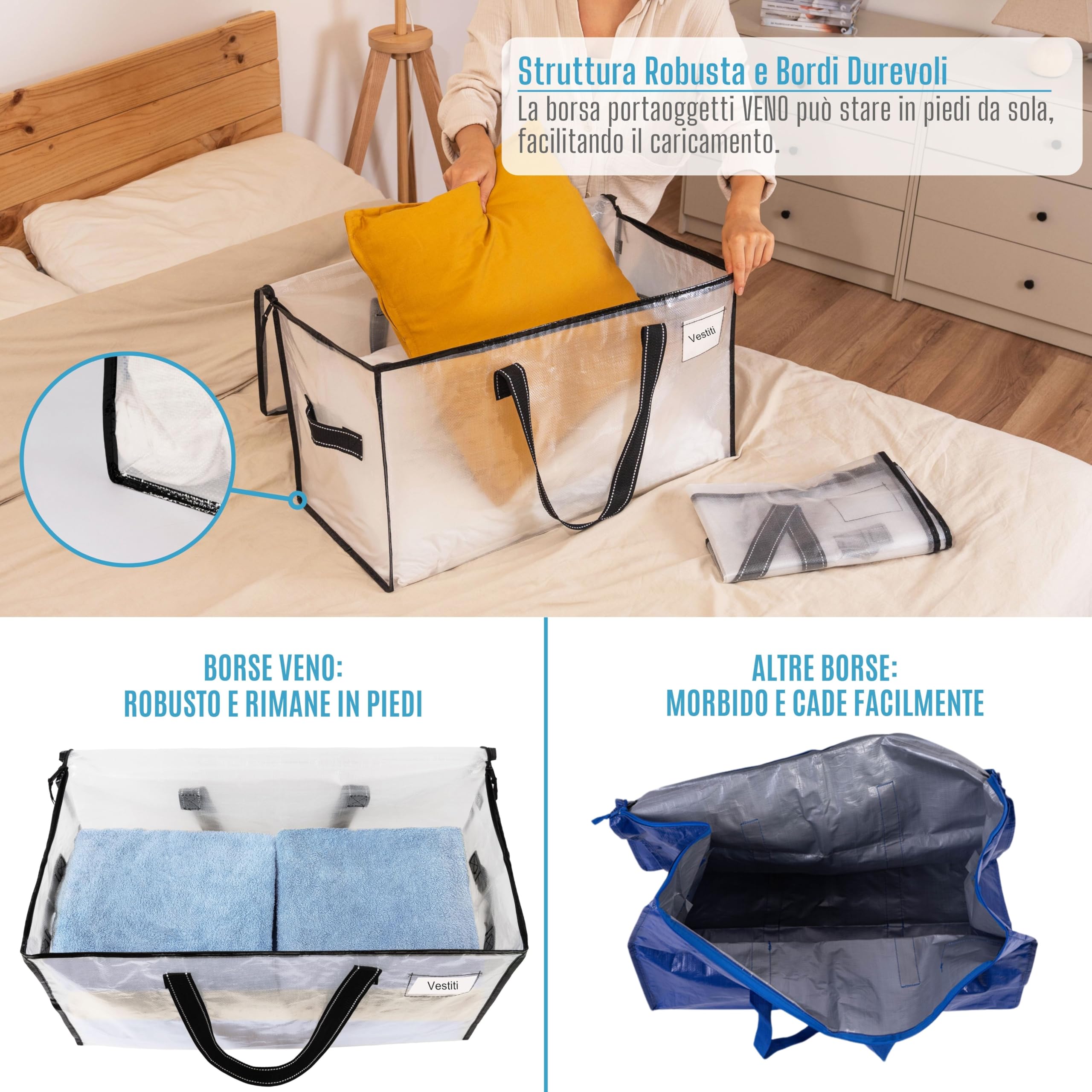 VENO Set da 2 Borse da trasloco grandi, Scatole trasloco con coperchio, cerniere e manici rinforzati, Borsone da viaggio, impermeabili Borsa di stoccaggi per piumoni, vestiti (Nero, 2 Pz