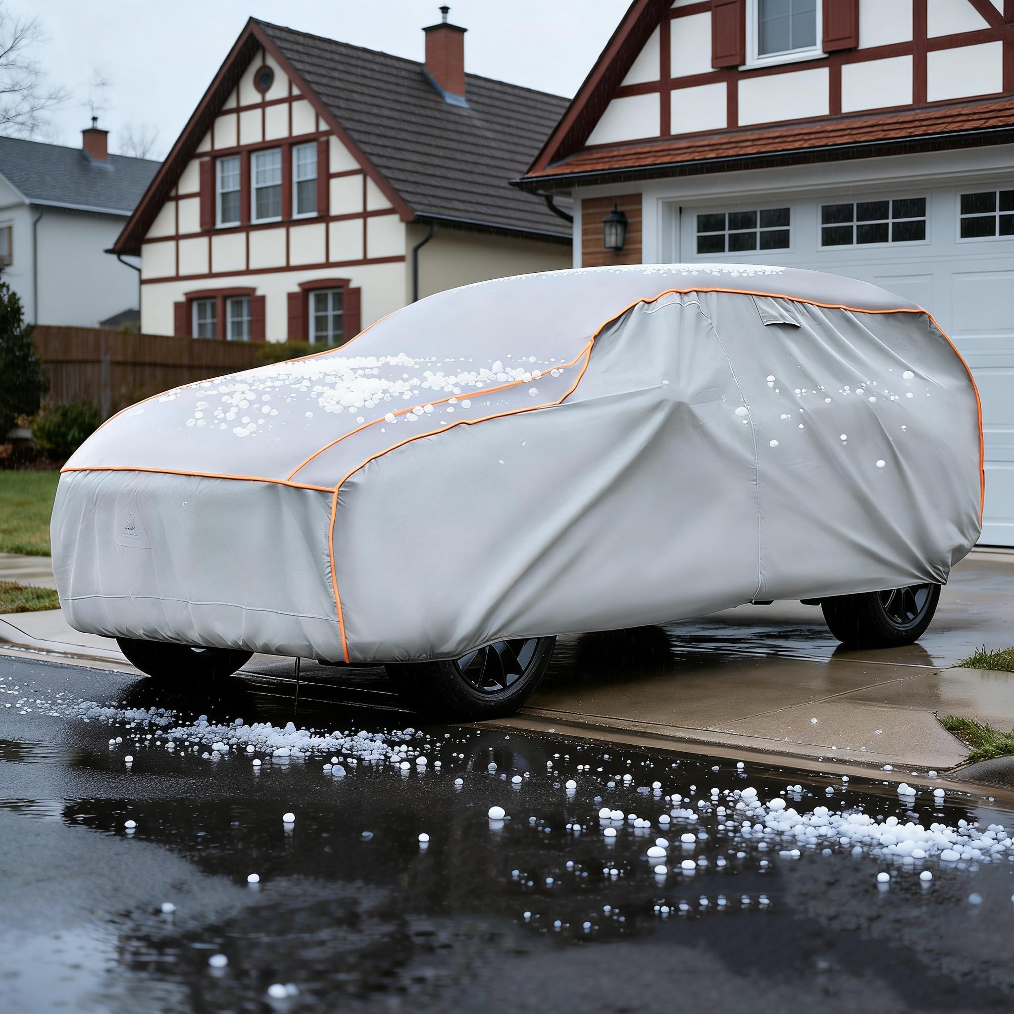 Hagelschutzplane Auto L, 5mm Eva-Verstärkte Hagelschutzgarage Wasserdicht & Atmungsaktiv, Vollgarage PKW Abdeckplane mit Reflektoren für SUV, Kombi(Silber, 480 * 193 * 145CM)