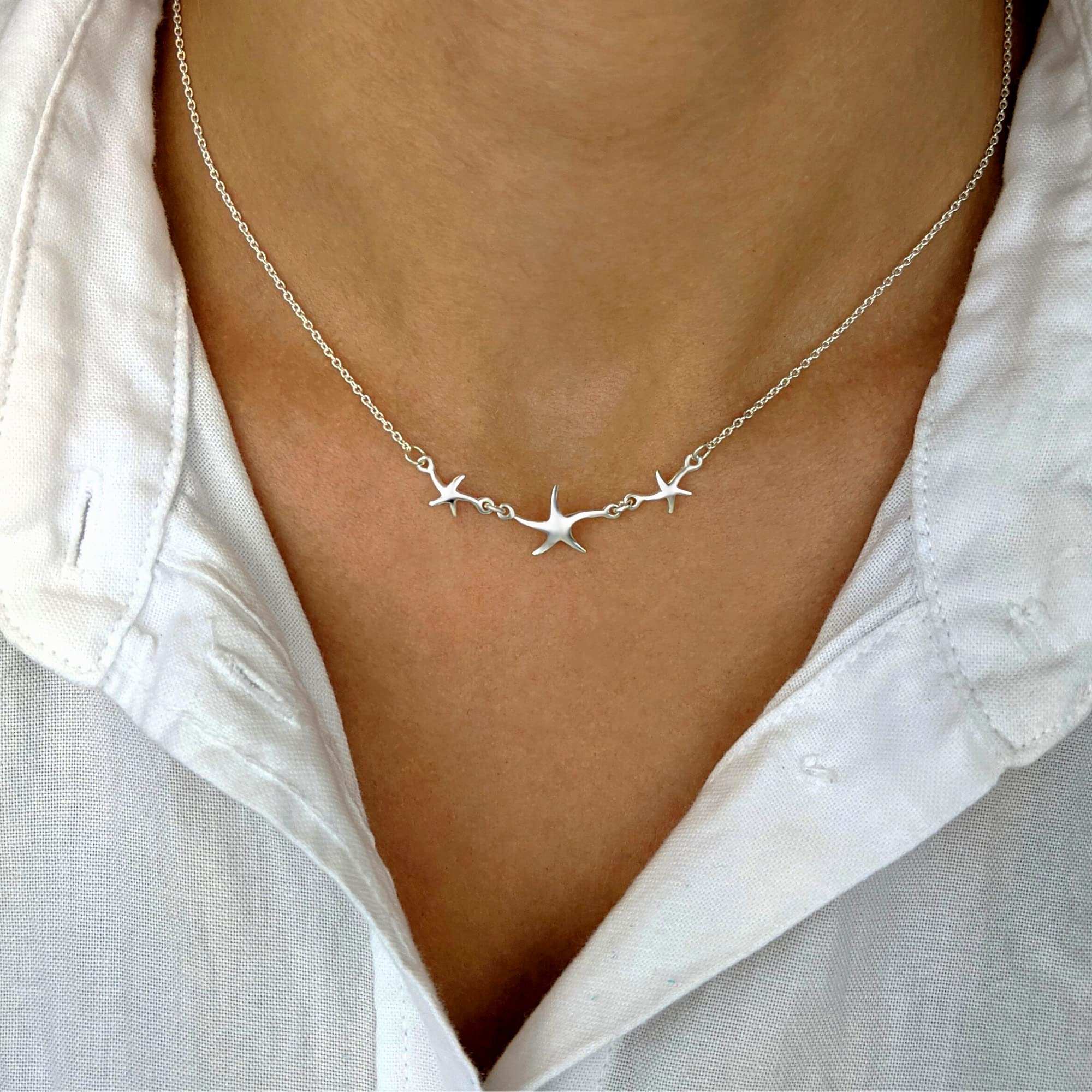Silverly Collar Triple Estrella Mar Plata Esterlina Mujer | Charms Estrella Plata 925 Cadena Tipo Cable | Collares Sirena Vida Marina Mujer | Elegantes Joyas Inspiradas Océano