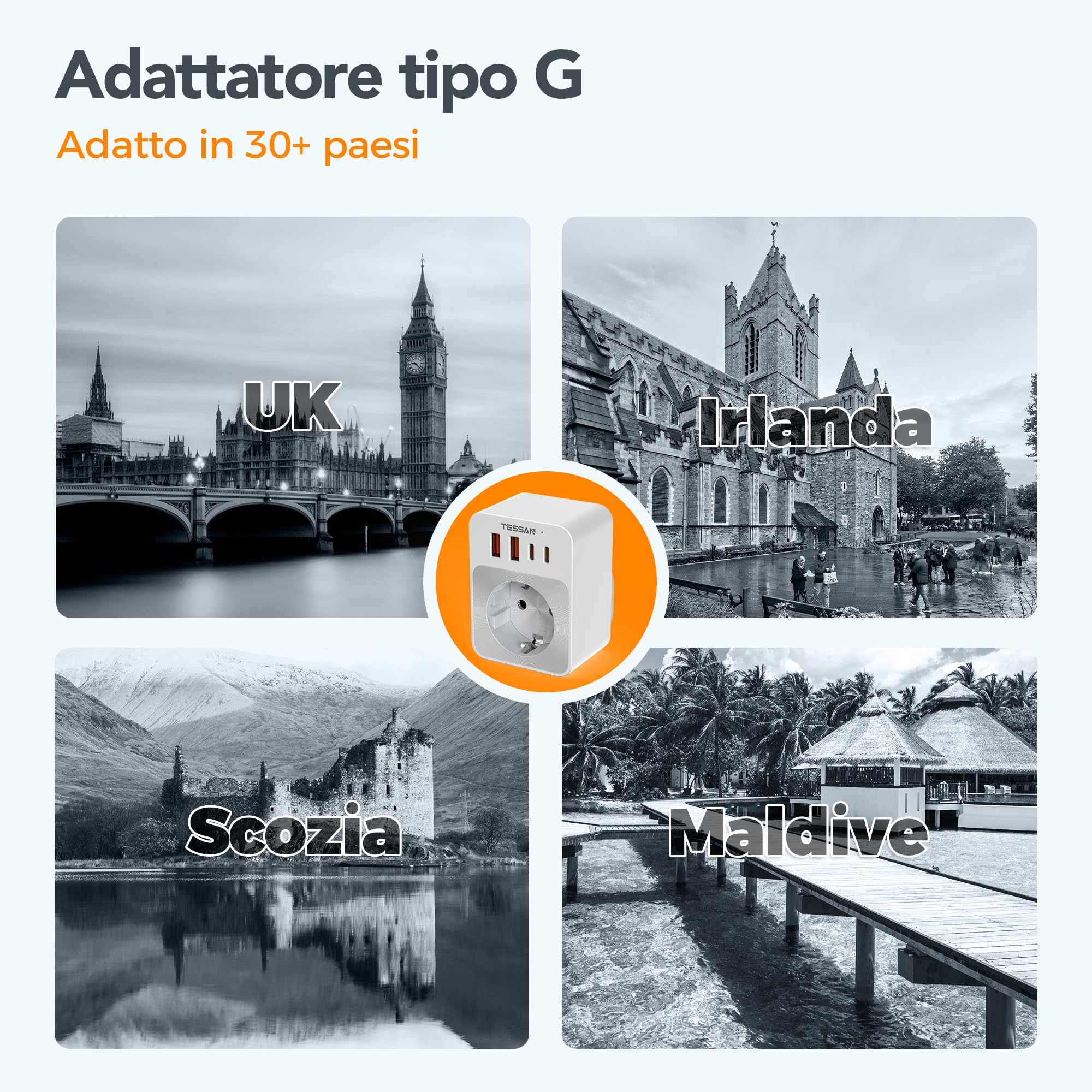 TESSAN Confezione da 2 Adattatore Presa Inglese, 5 in 1 Adattatore UK da Viaggio, Compatto e Pieghevole Spina Inglese USB C 20W, per Irlanda Londra Malta Dubai Zanzibar Presa Elettrica Tipo G