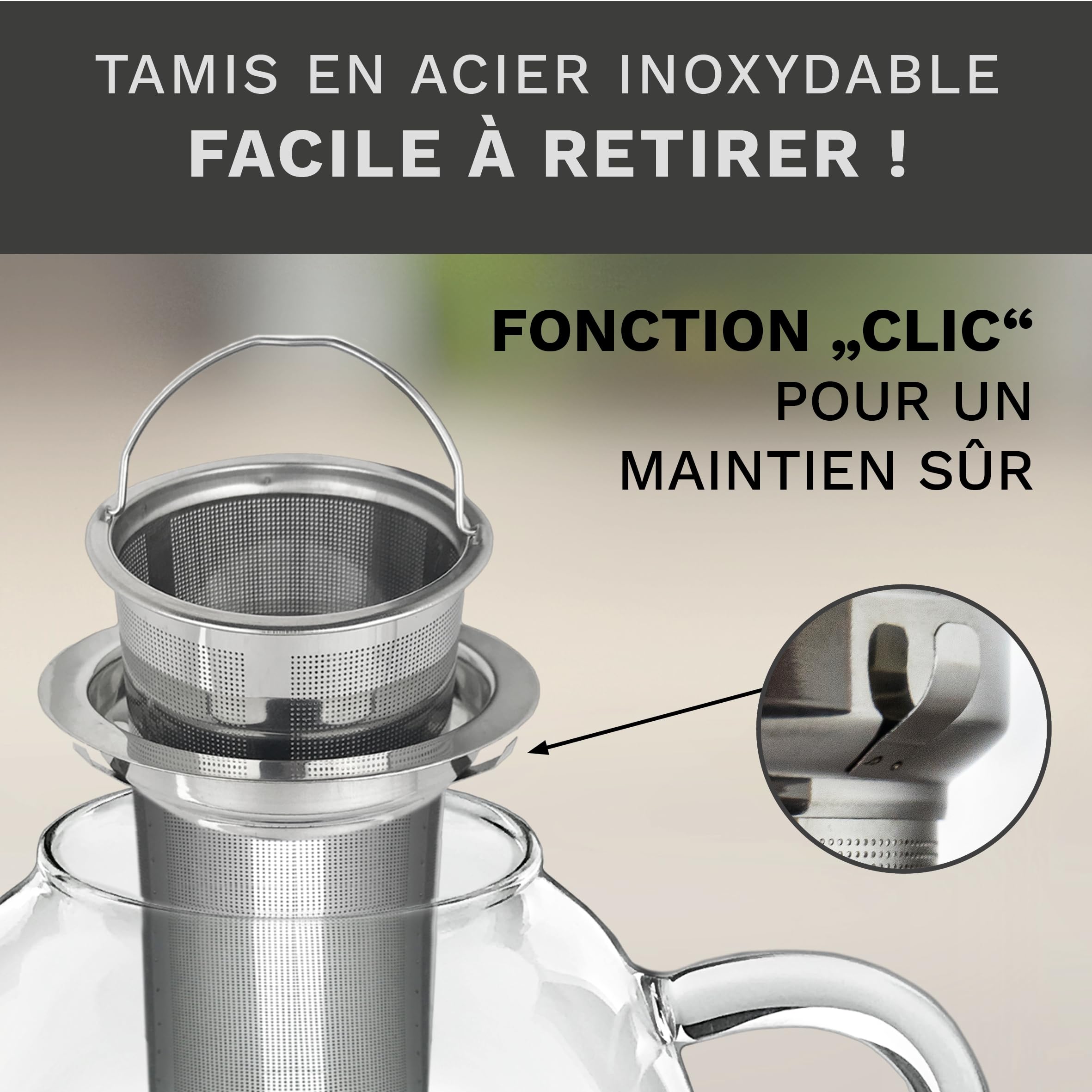 Creano Théière 1 l en verre borosilicaté "haute" avec filtre en acier inoxydable amovible et couvercle en verre – élégante et anti-goutte – pour thé en vrac et fleurs de thé