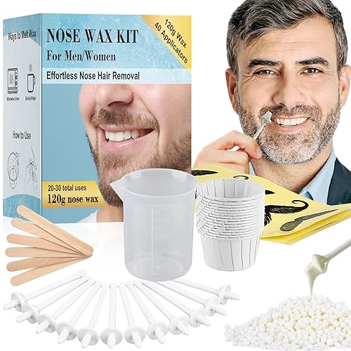 Kit de cera para nariz de 4.23 onzas, cera de nariz con 40 aplicadores blancos, 20 protectores de bigote, 20 piezas de cera de papel, depilación sin