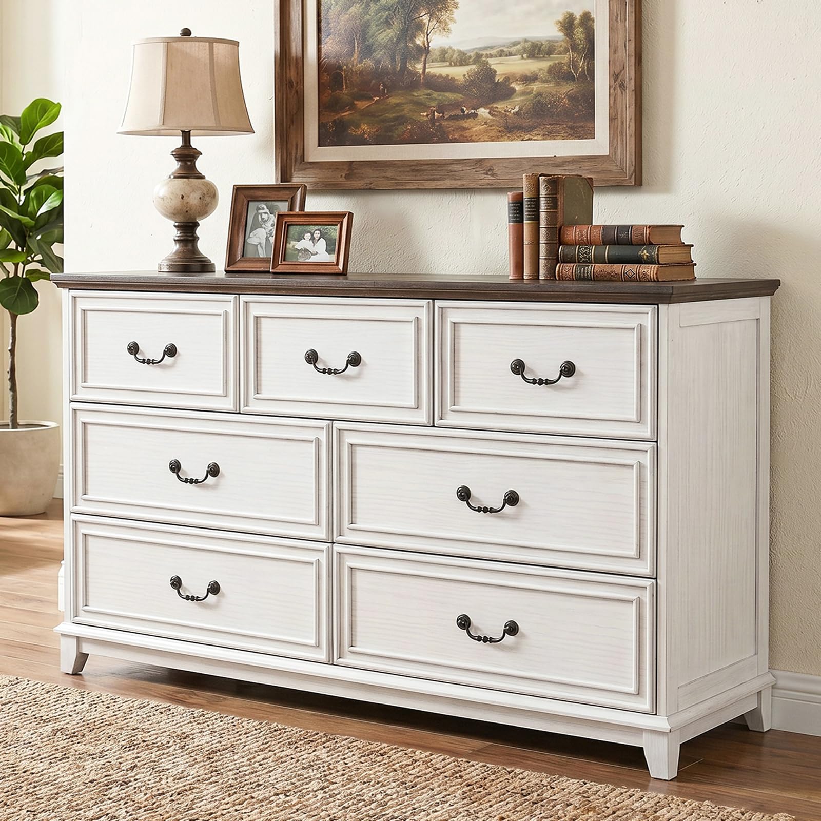 Radiant Youth Farmhouse 7 Drawer Dresser for Bedroom, Wide Antique White Chest of Drawers with Rustic Wood Top, Large Storage Organizer for Living